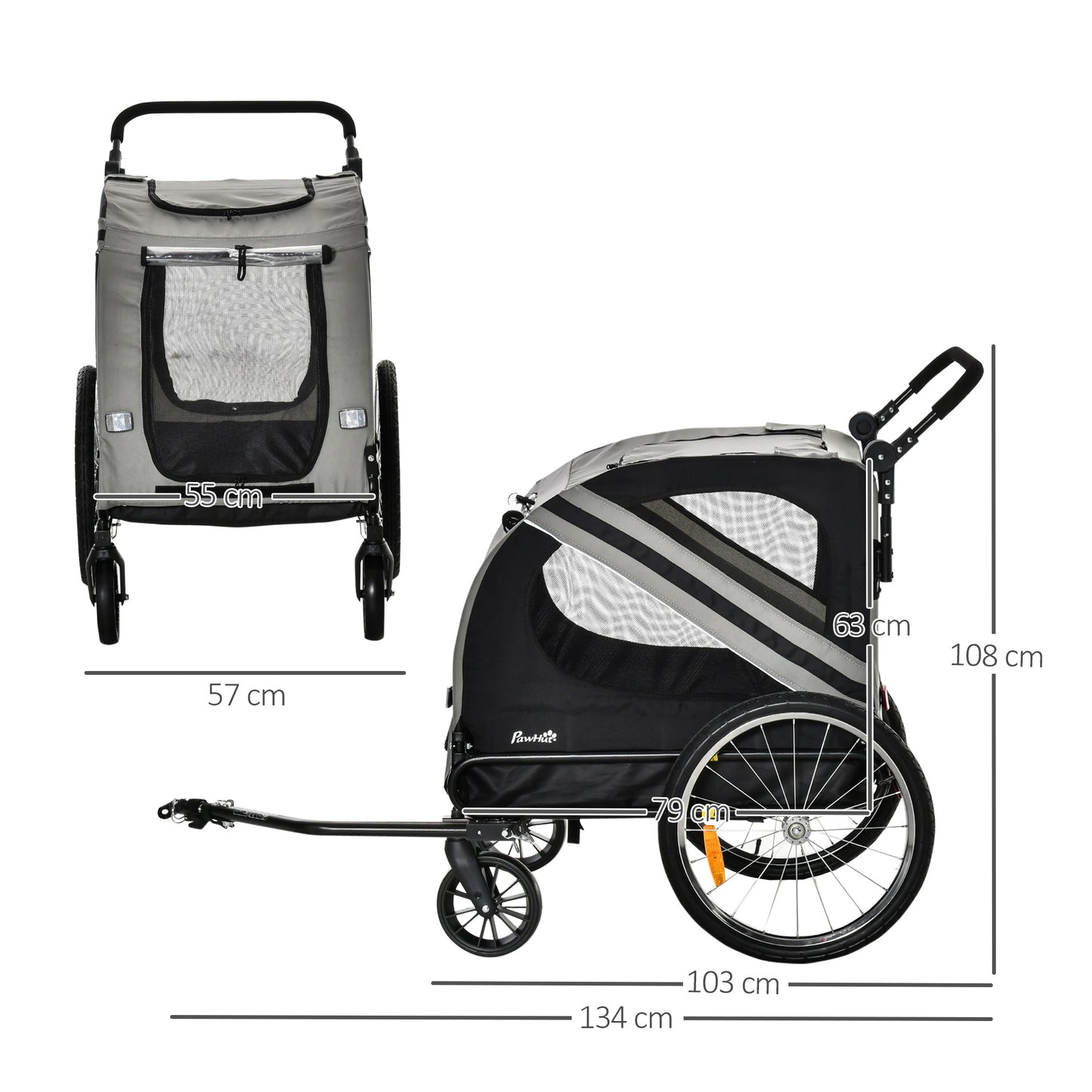 PawHut 2-In-1 Dog Bike Trailer Pet Stroller with Universal Wheel Reflector Flag Grey