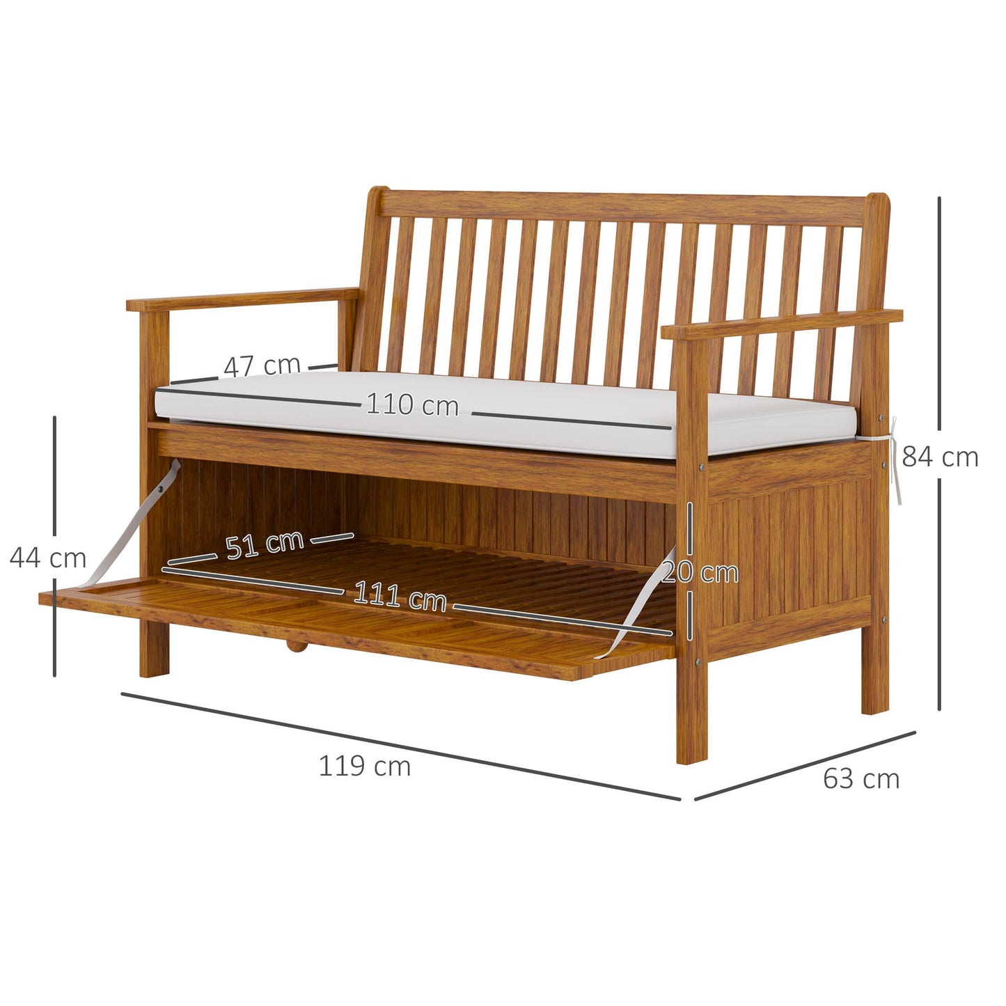 Outsunny Wood 2-Seater Garden Storage Bench for Patio Porch Decor Outdoor Seating