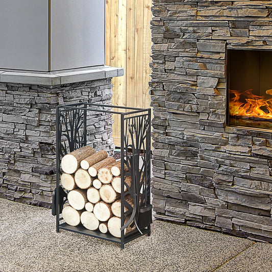 HOMCOM Heavy Duty Firewood Wood Log Rack Fireplace Wood Storagew/ 4 Tools, Black