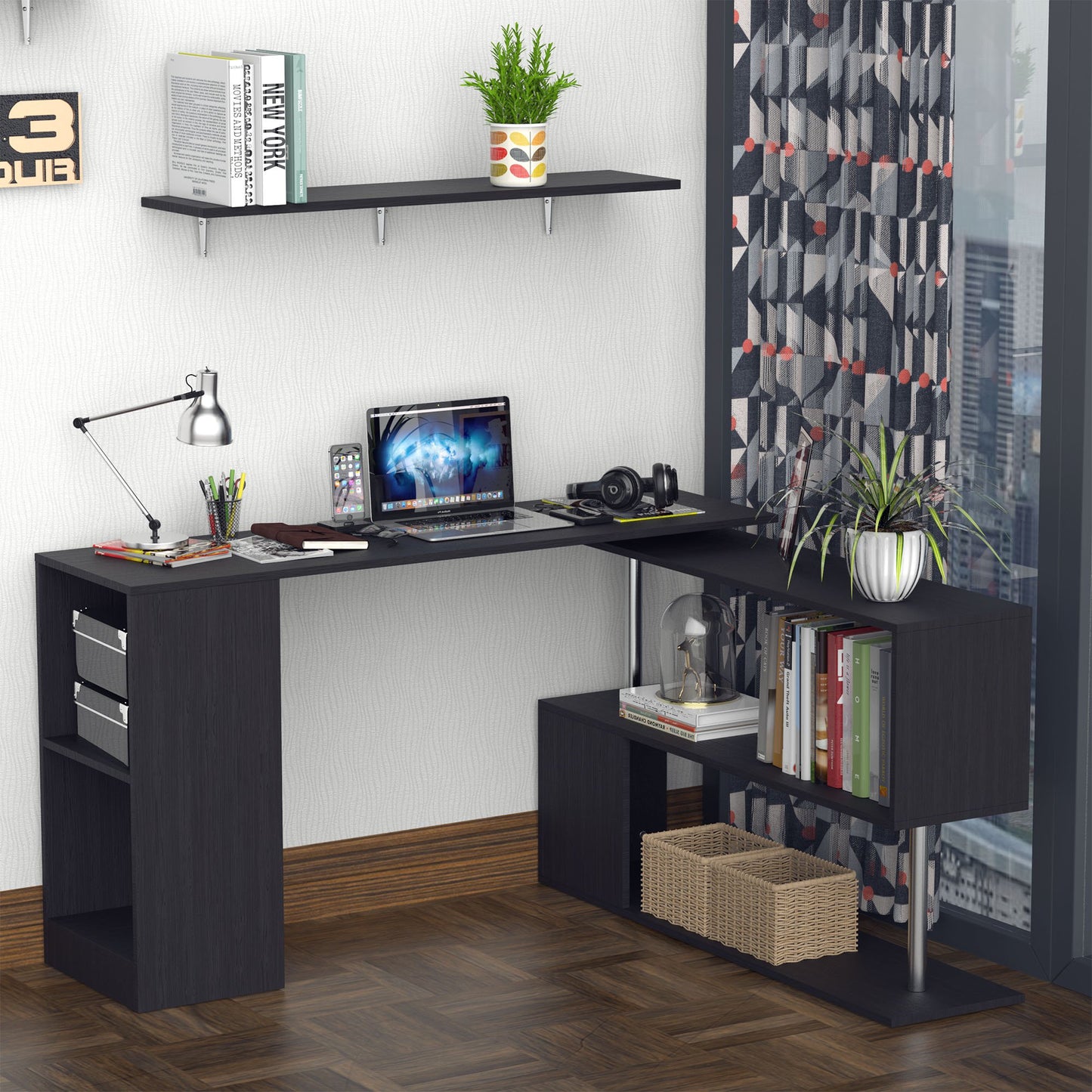 HOMCOM L-Shaped Computer Desk, 360° Rotating Corner Desk with Storage Shelves, 140 x 120cm Study Workstation for Home Office, Black