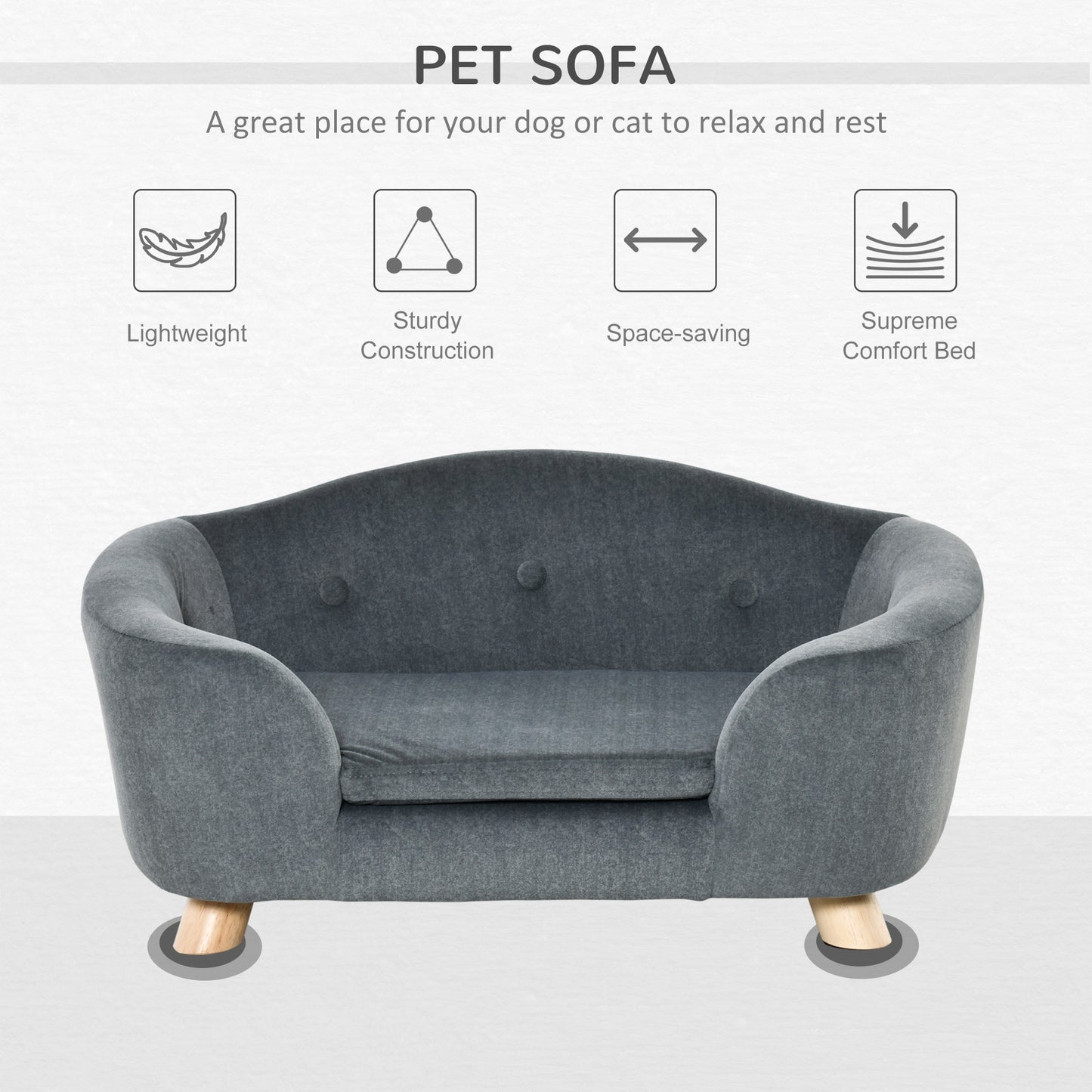 PawHut Pet Sofa Puppy Kitten Lounge, w/ Wooden Frame, Washable Cushion, Grey