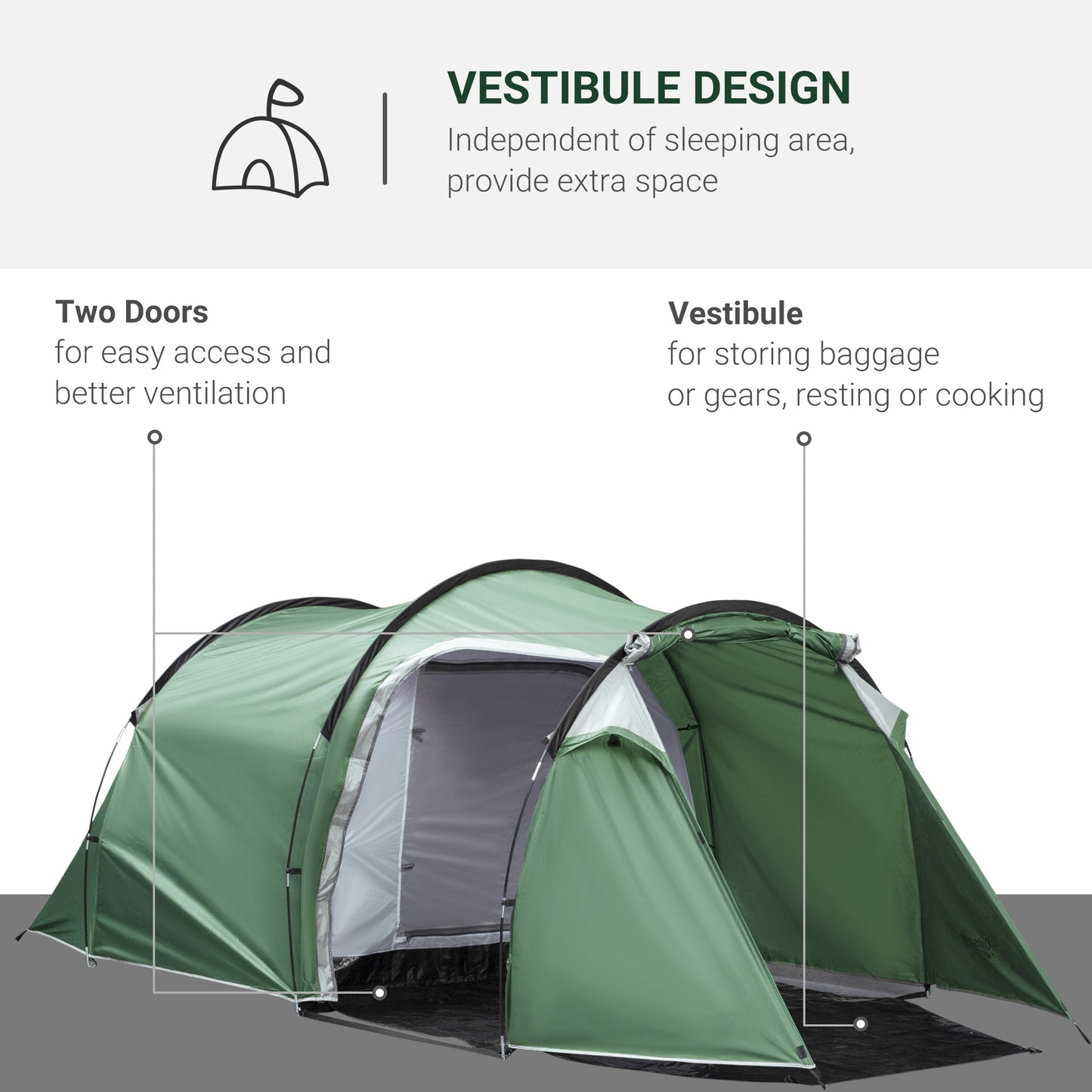 Outsunny Tunnel Tent, 2-3 Person Camping Tent with Sewn-in Groundsheet, Air Vents, Rainfly, 2000mm Water Column, Green