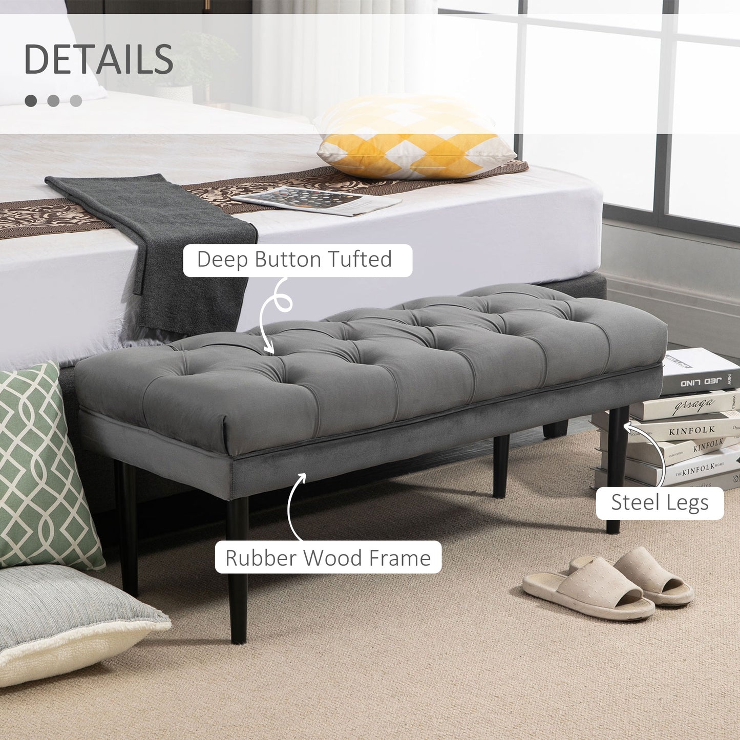 HOMCOM Bed End Bench Button Tufted Accent Bench for Living Room Bedroom Hallway Grey