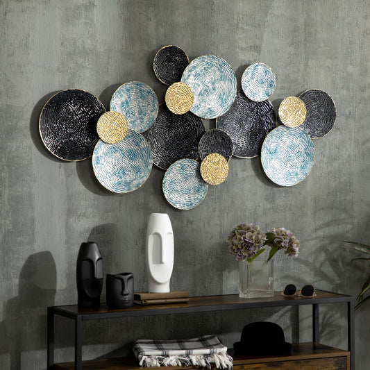 HOMCOM 3D Metal Wall Art Modern Circle Hanging Wall Sculptures Home Decor, Blue Black Gold