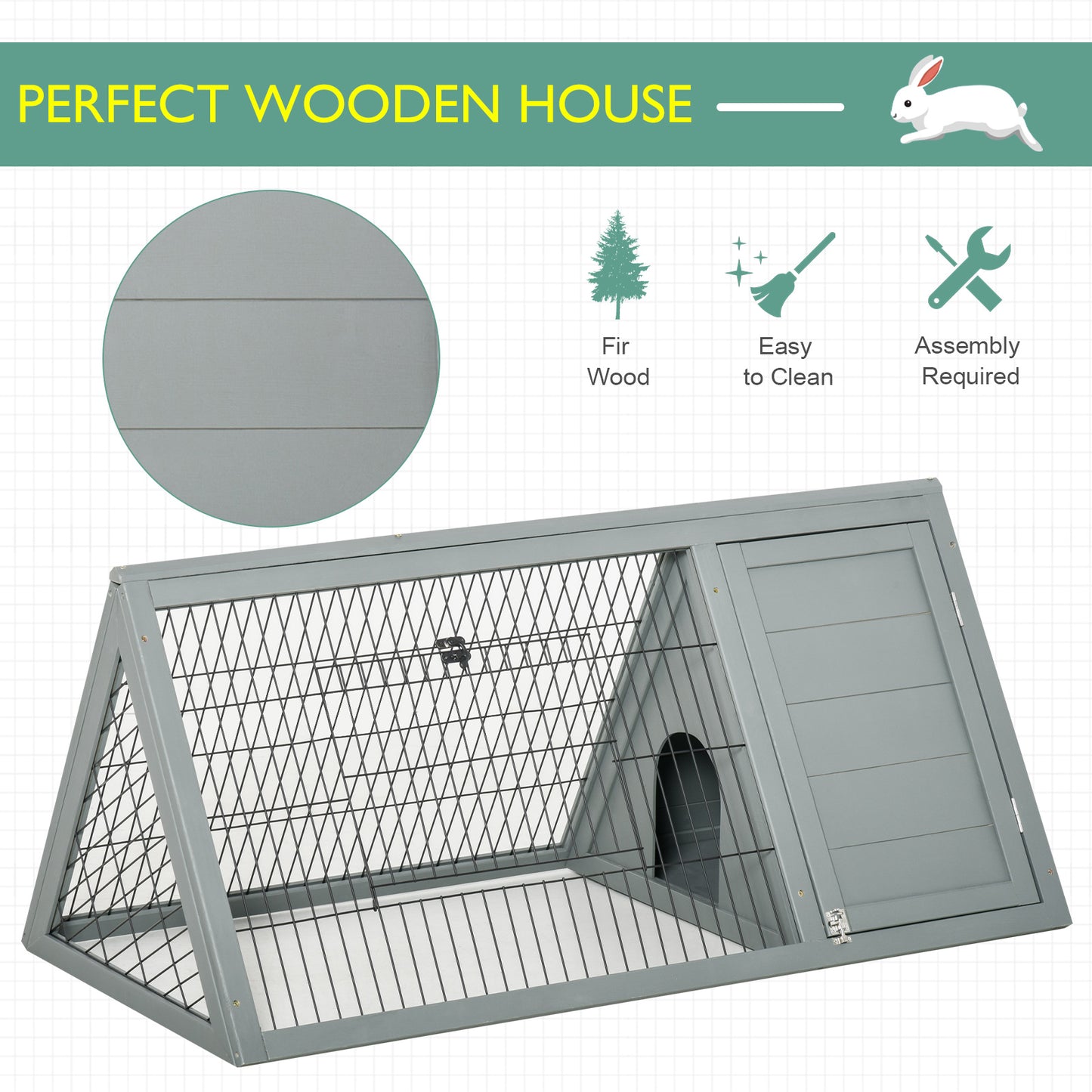 PawHut Wooden Rabbit Cage Small Animal Hutch w/ Outside Area - Grey