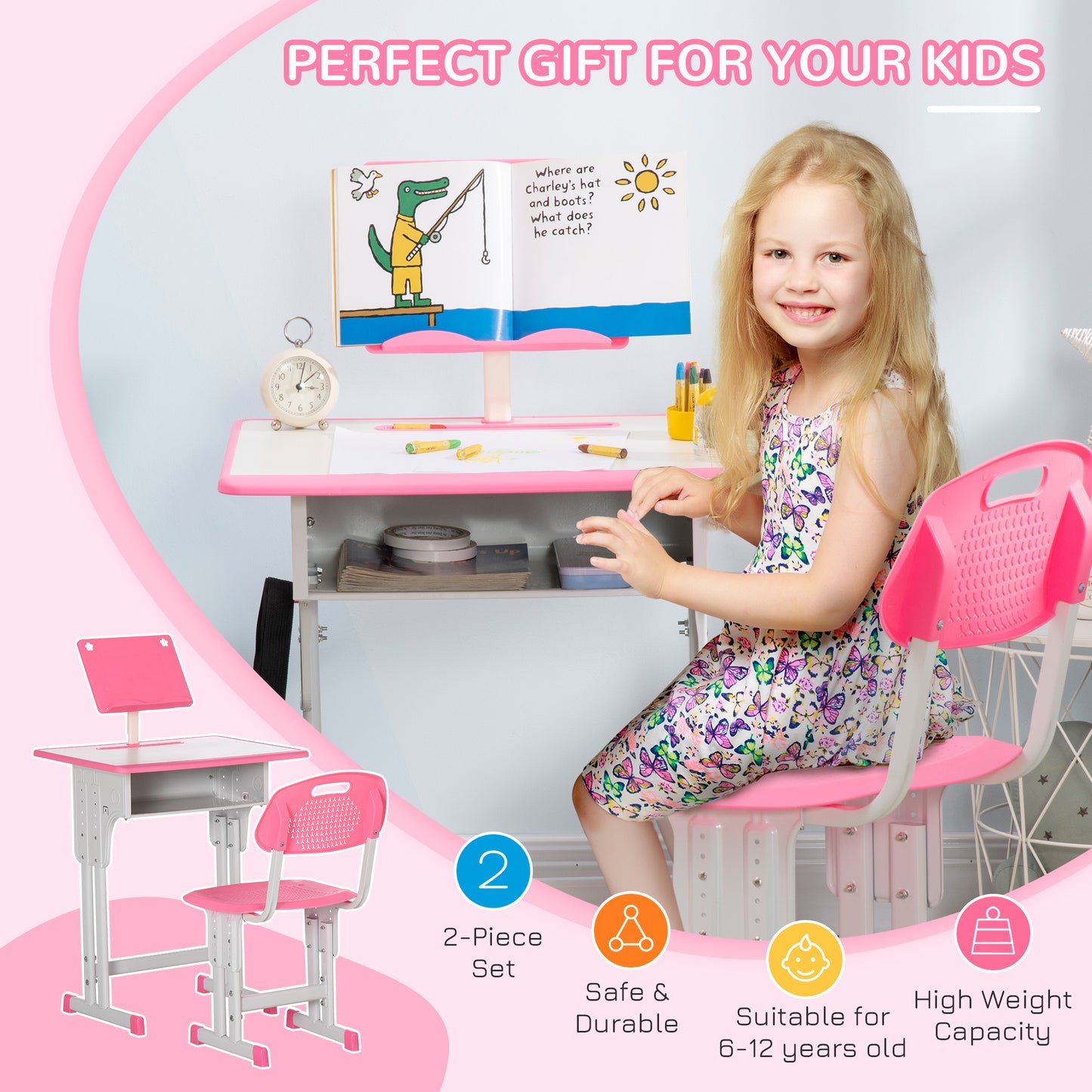 HOMCOM Kids Desk and Chair Set, Height Adjustable Study Table Set, Pink