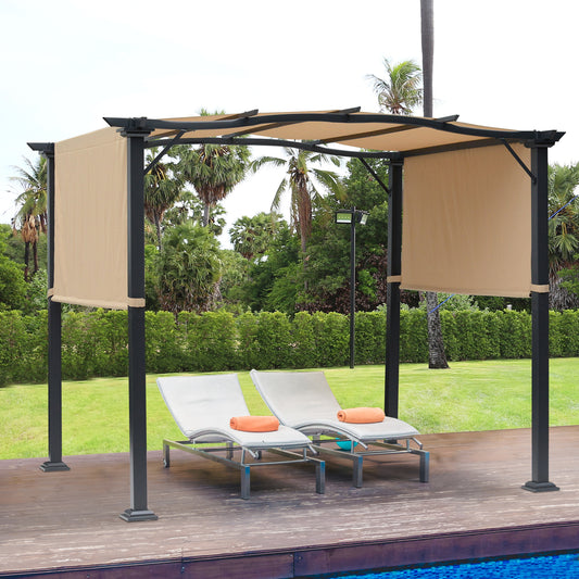 Outsunny Outdoor Retractable Pergola Garden Gazebo with Two Adjustable Side Canopy Overhead Sun Shade Backyard Canopy Cover, 3x2.45x2.3m, Khaki Shelter
