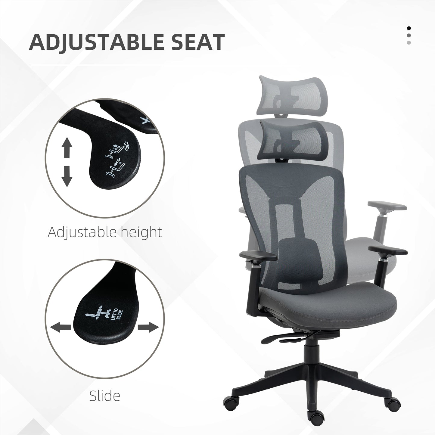 Vinsetto Mesh Office Chair Ergonomic Desk Chair Computer Chair with Adjustable Headrest and Lumbar Support 135° Reclining Back and 3D Armrest for Home Office Study Grey