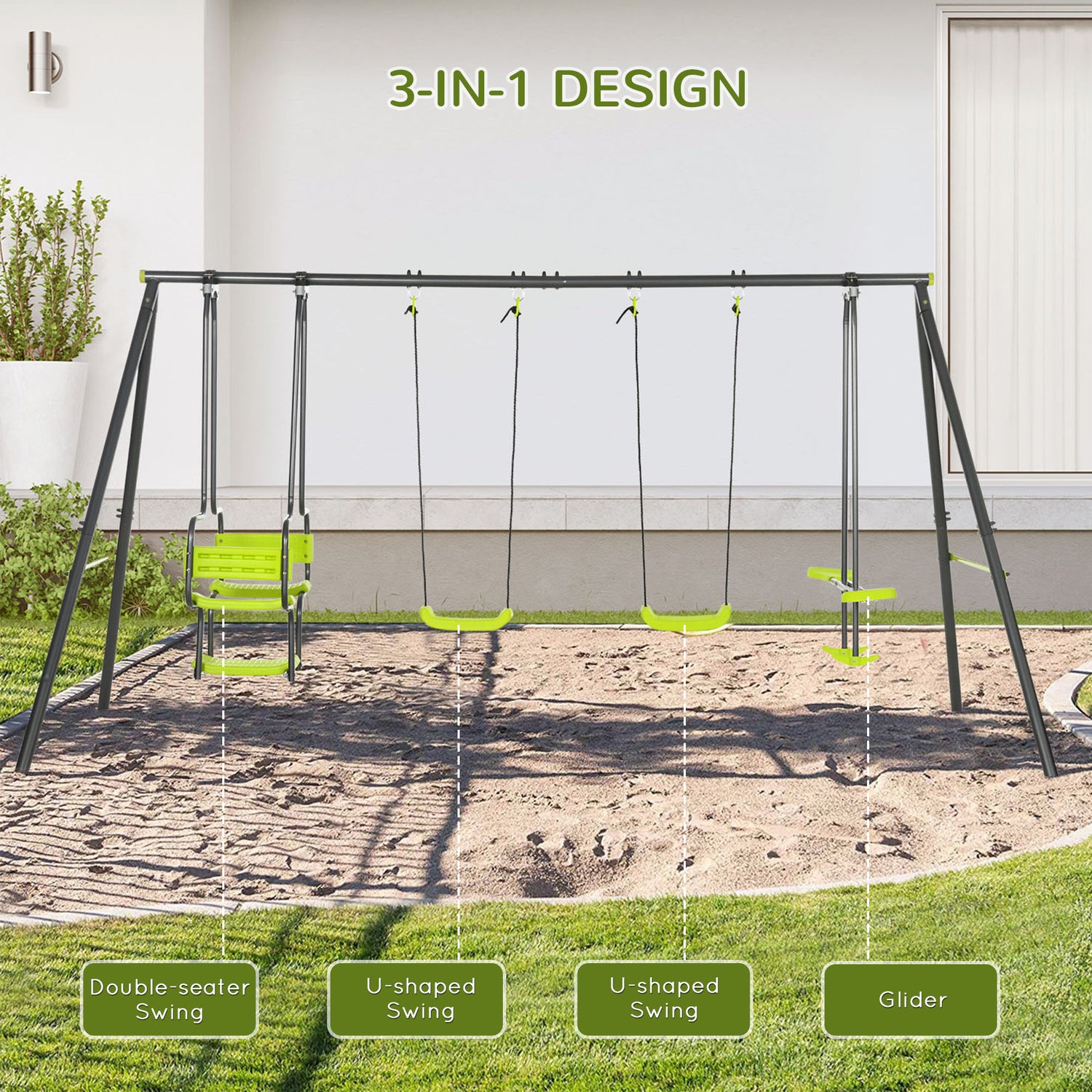 Outsunny Metal Garden Swing Set with Double Swings Glider Swing