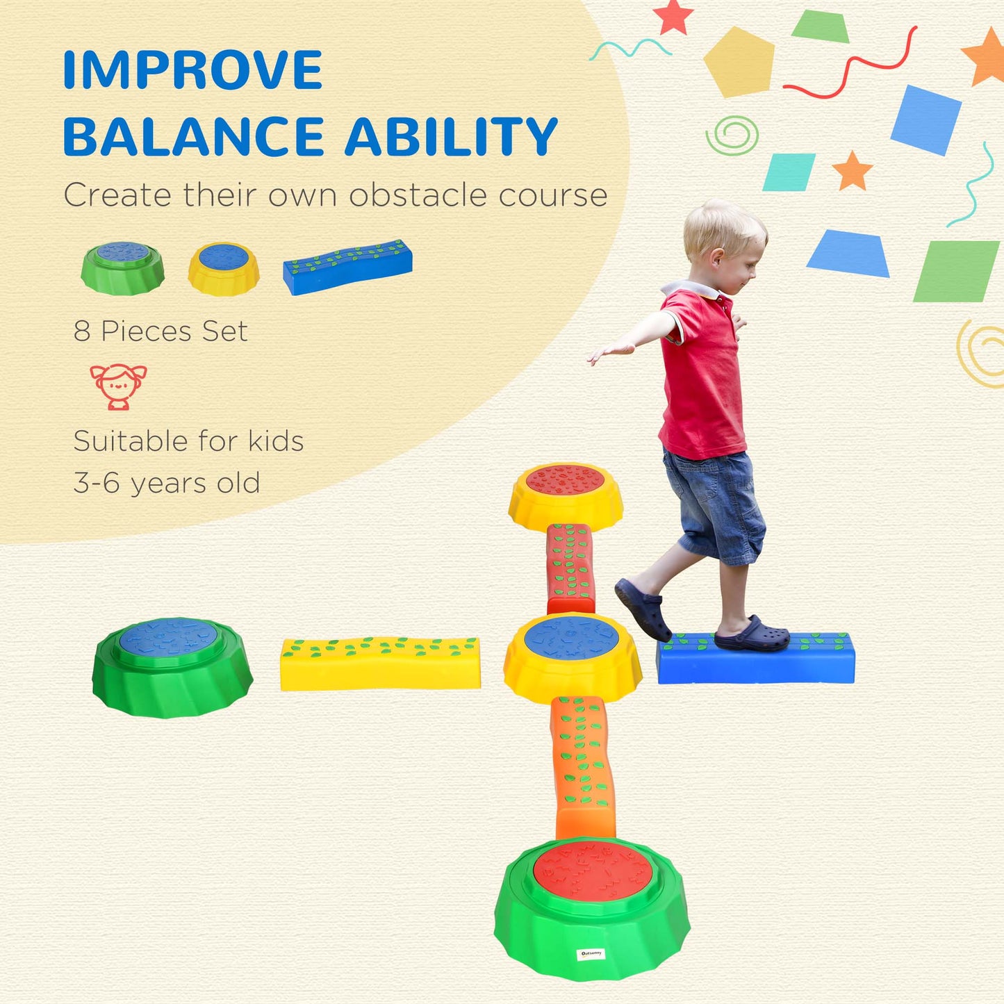 Outsunny 8pcs Kids Balance Beam, Balance Bridge with Non-slip Surface & Bottom Multi-colored