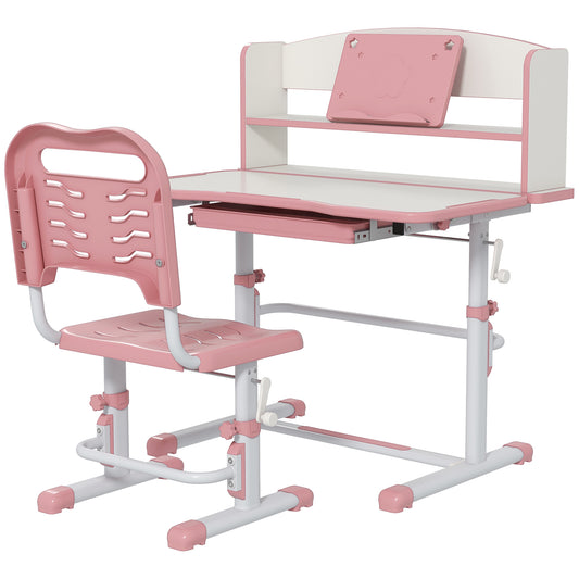 ZONEKIZ Height Adjustable Kids Study Table and Chair Set with Drawer Storage Shelf 80 x 54.5 x 104 cm Pink