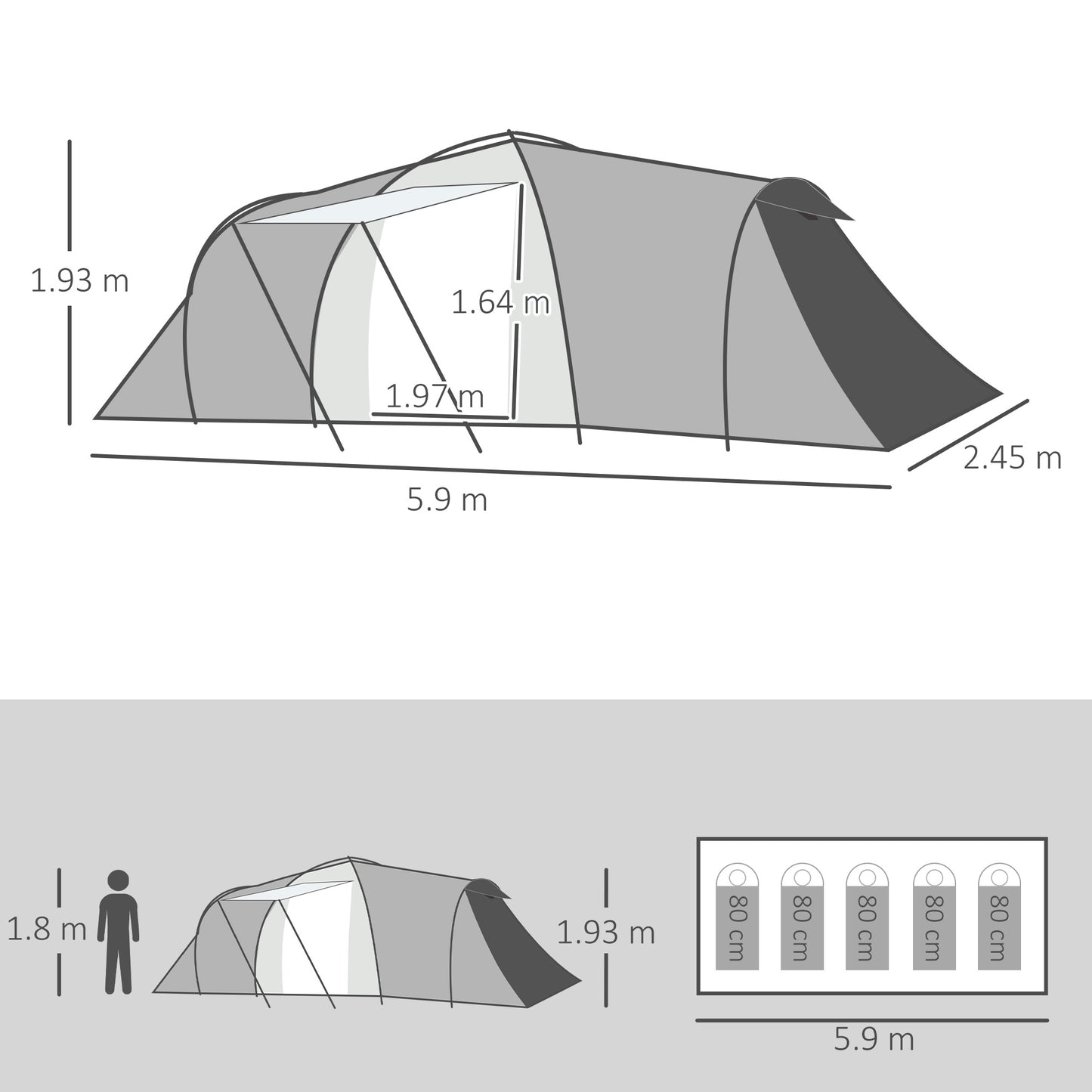 Outsunny 4-6 Man Tunnel Tent Camping Tent with 2 Bedroom, Vestibule, Bag, 2000mm Waterproof, UV50+ for Fishing, Hiking, Festival