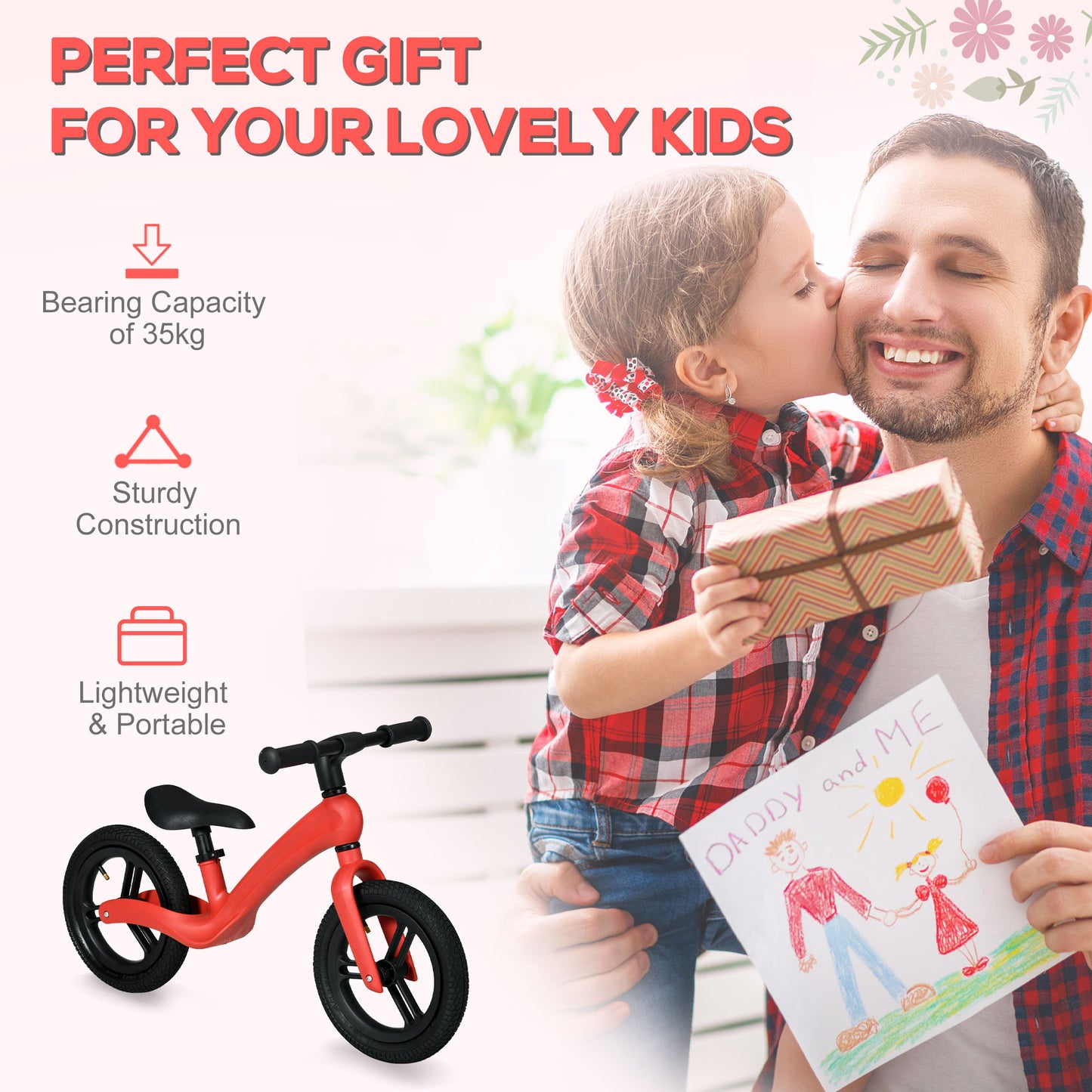 AIYAPLAY 12" Kids Balance Bike, Lightweight Training Bike for Children No Pedal with Adjustable Seat, Rubber Wheels - Red