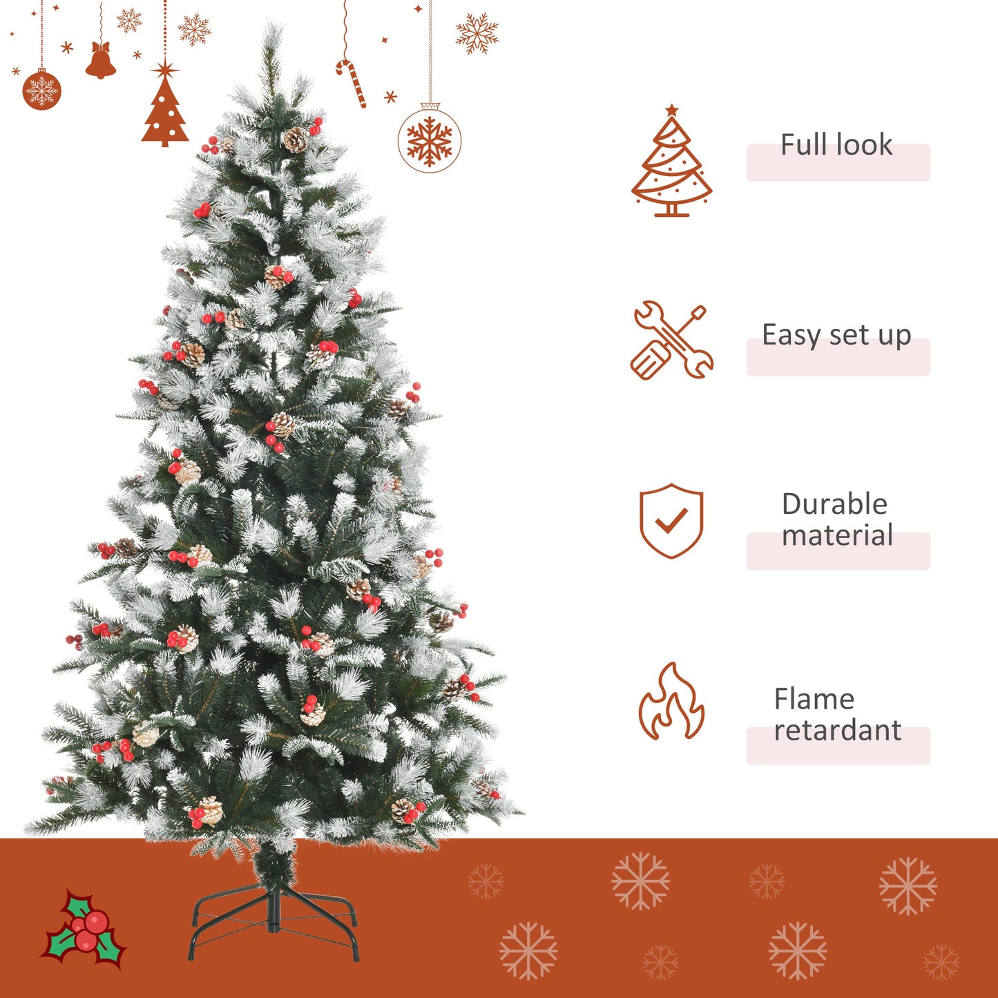 HOMCOM 6FT Artificial Snow Dipped Christmas Tree Xmas Pencil Tree Holiday Decoration