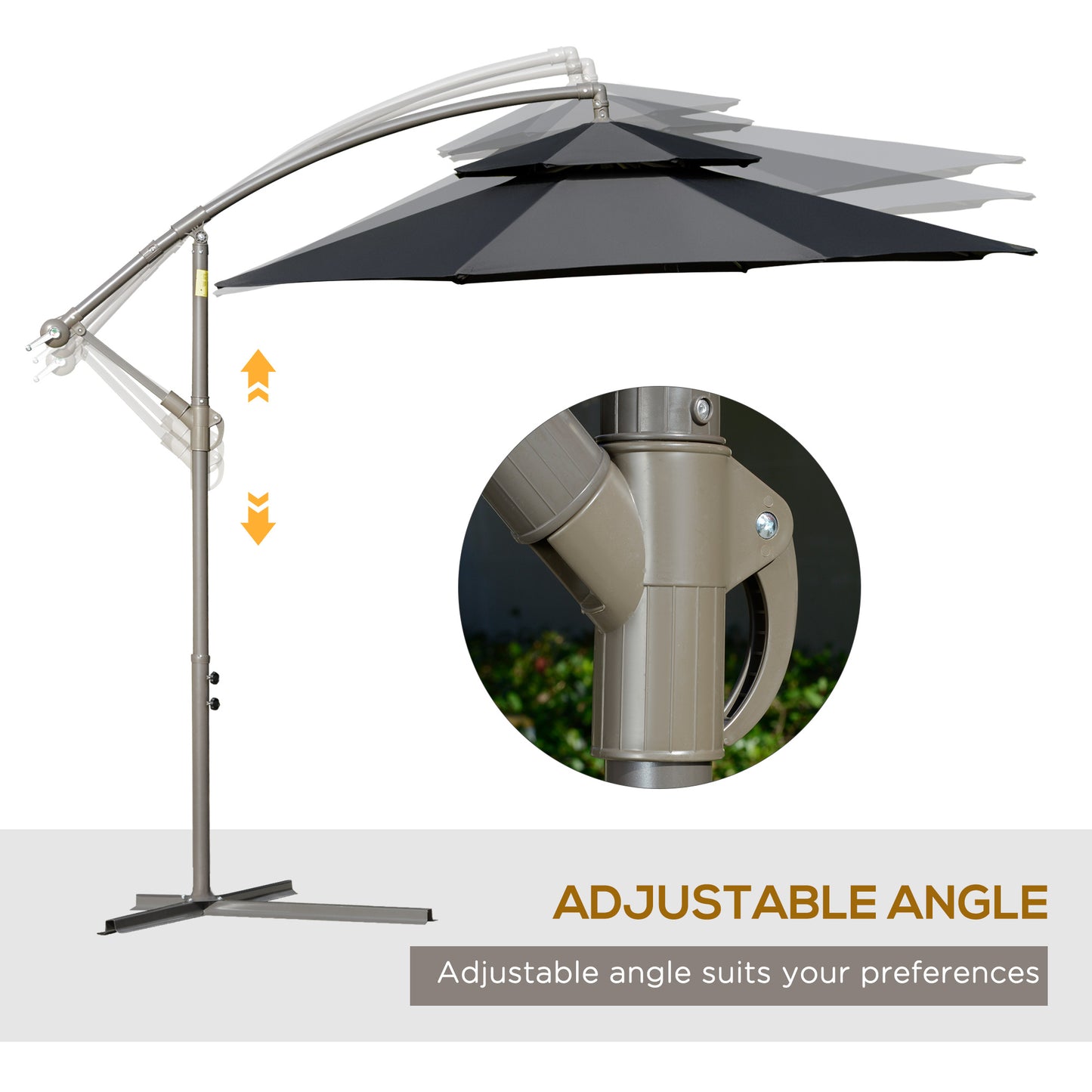 Outsunny 2.7m Garden Banana Parasol Cantilever Umbrella with Crank Handle, Double Tier Canopy and Cross Base for Outdoor, Hanging Sun Shade, Black w/ Canopy, Crank,