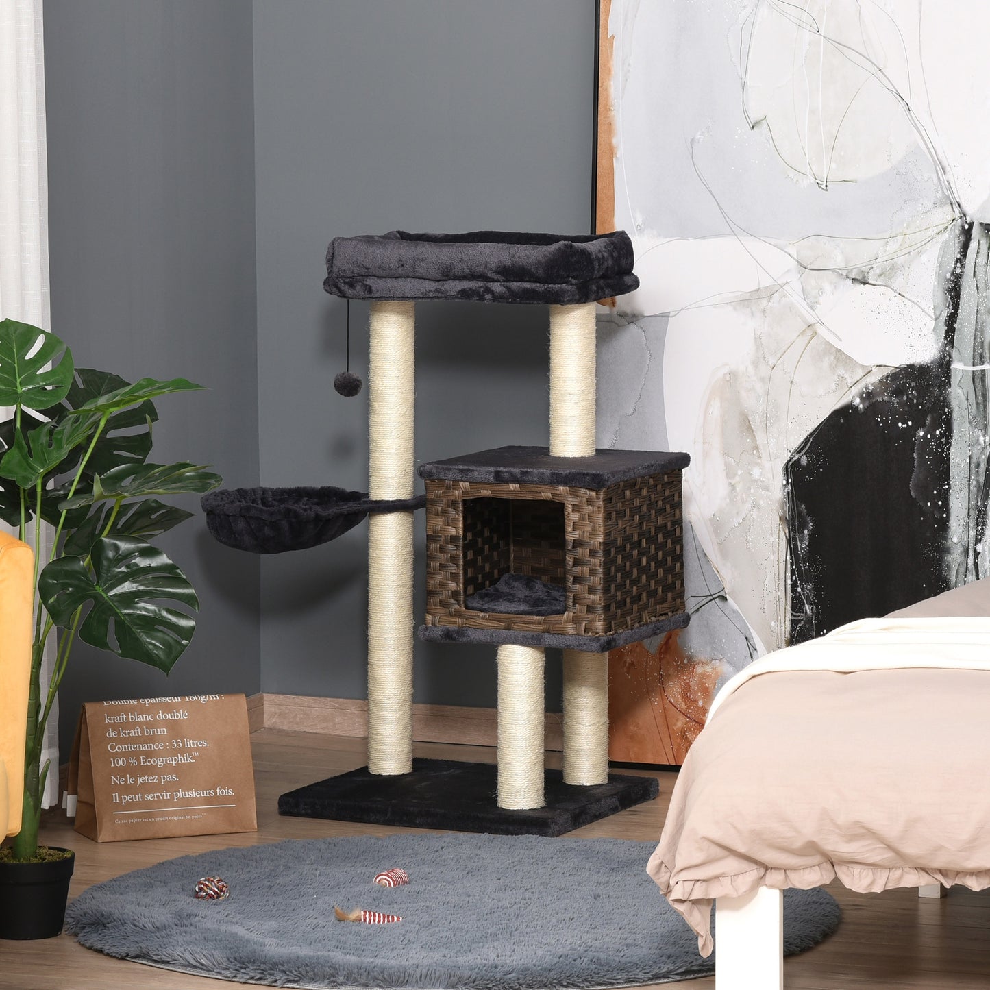 PawHut Cat Tree Tower w/ Sisal Posts Condo Hanging Ball Cushion Perch PE Rattan