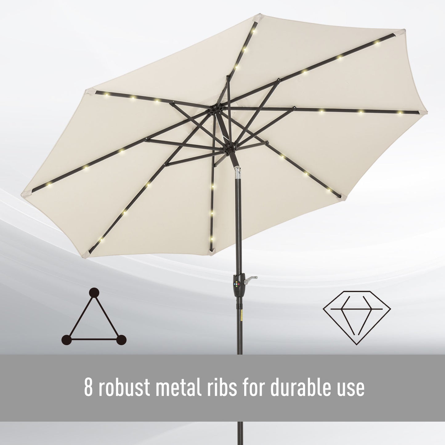 Outsunny Garden Parasol Outdoor Tilt Sun Umbrella Patio 24 LED Light Hand Crank Off-white