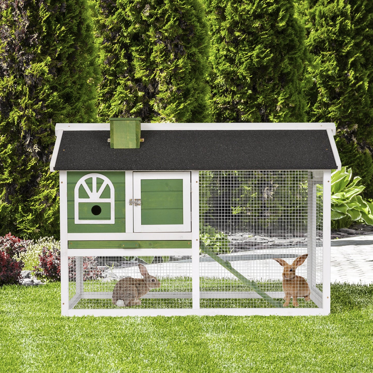 PawHut Rabbit Hutch Wood Bunny Cage for Outdoor Indoor w/ Pull Out Tray Run Box Ramp