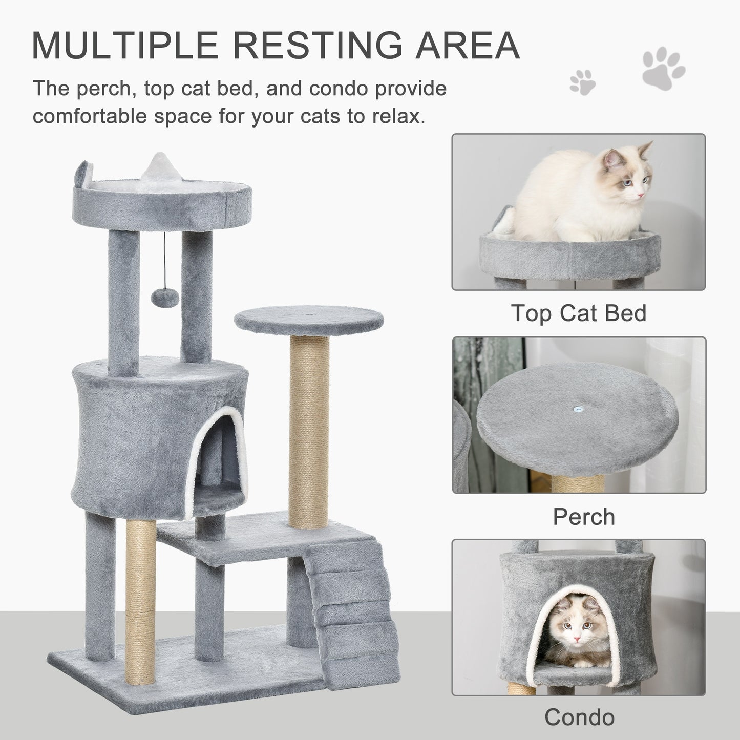 PawHut 100cm Cat Tree Condon with Climbing Ladder Scratching Post Ball, Light Grey