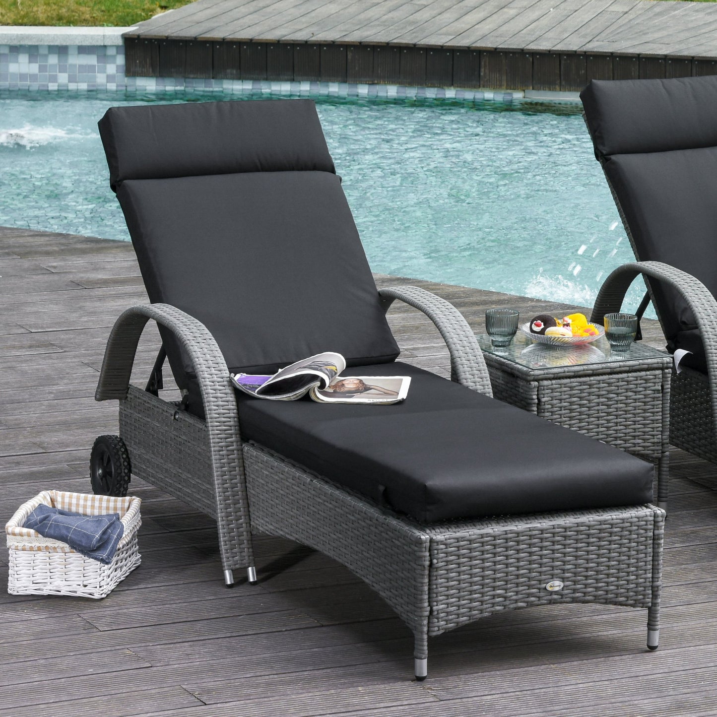 Outsunny Set of 2 Sun Lounger Cushion Non-Slip Seat Pads for Indoor Outdoor Black