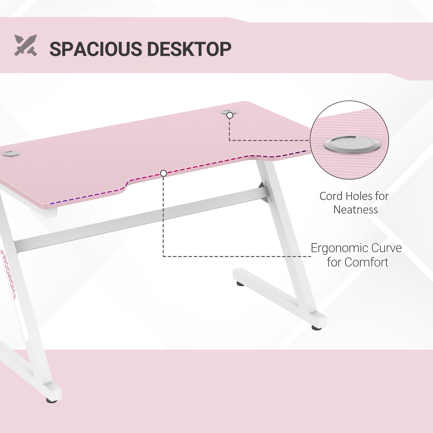 HOMCOM 1.2m Z-Shaped Racing Style Gaming Desk w/ Cable Managenent Home Office Pink