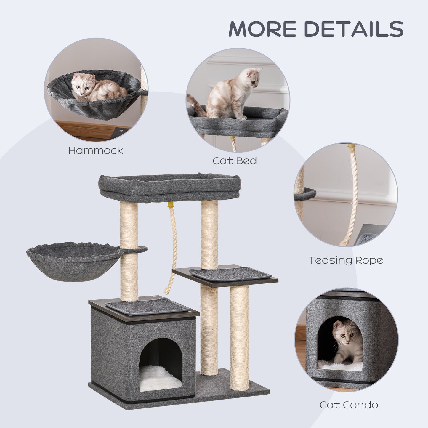 PawHut Cat Tree with Sisal Scratching Post Bed Condo Perch Teasing Rope Dark Grey