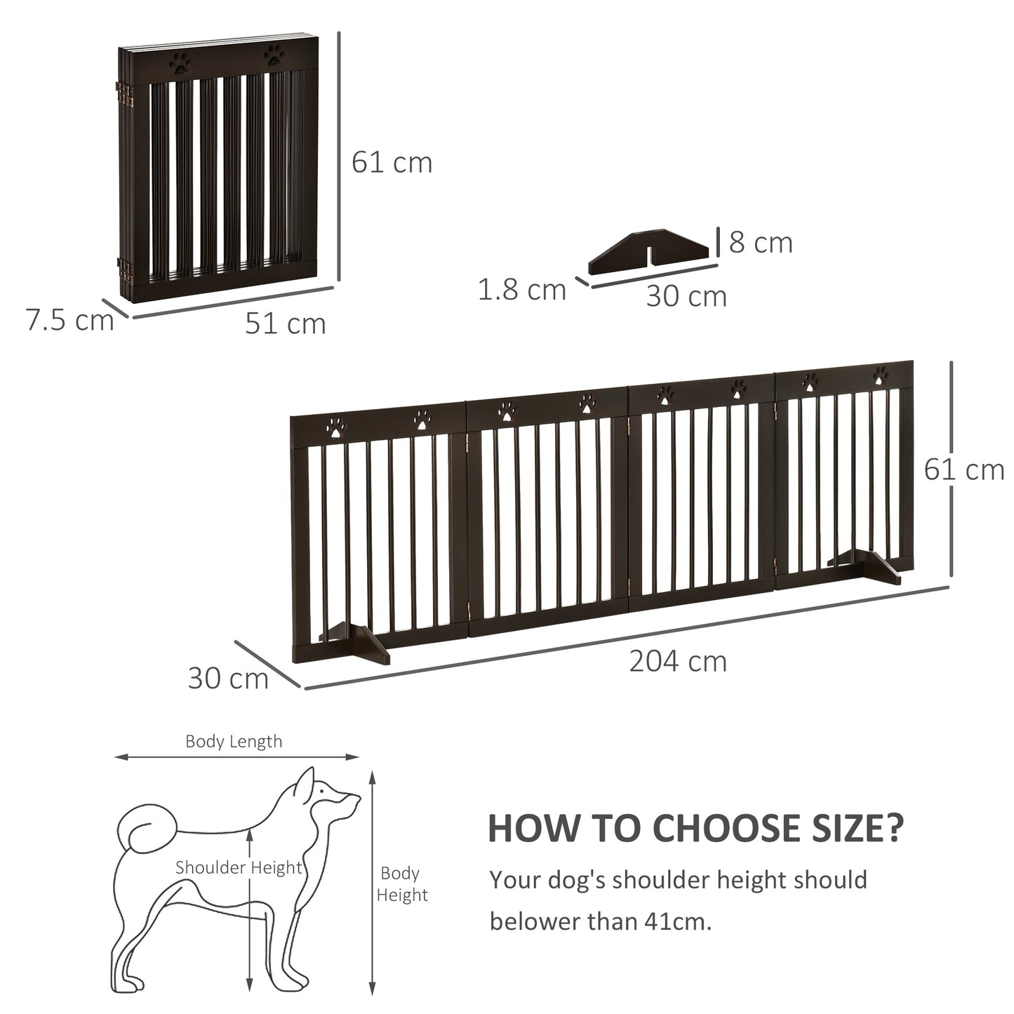 PawHut Freestanding Pet Gate 4 Panel Folding Wooden Dog Barrier  w/ Support Feet