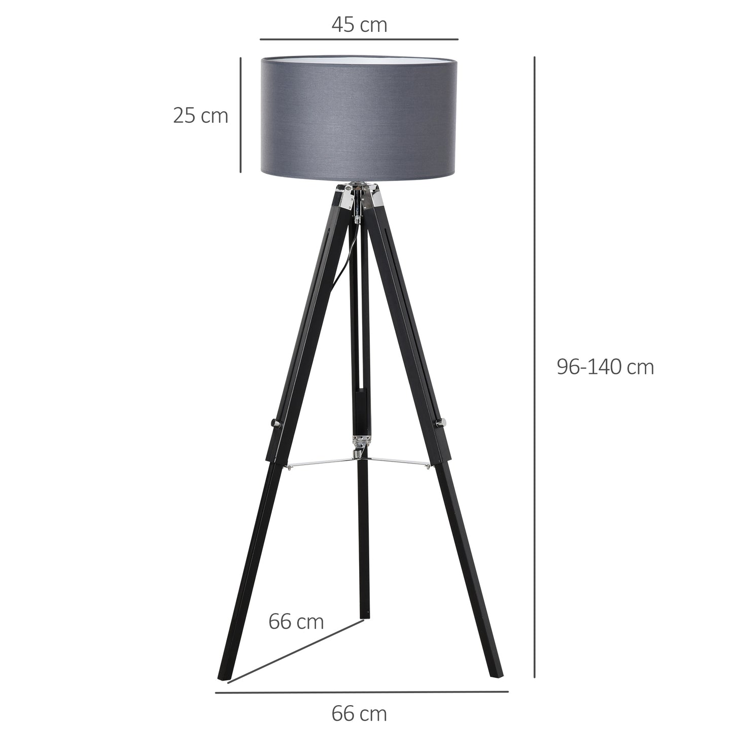 HOMCOM Tripod Stand Floor Lamp Adjustable Height Wood Leg for Home Office Grey Black