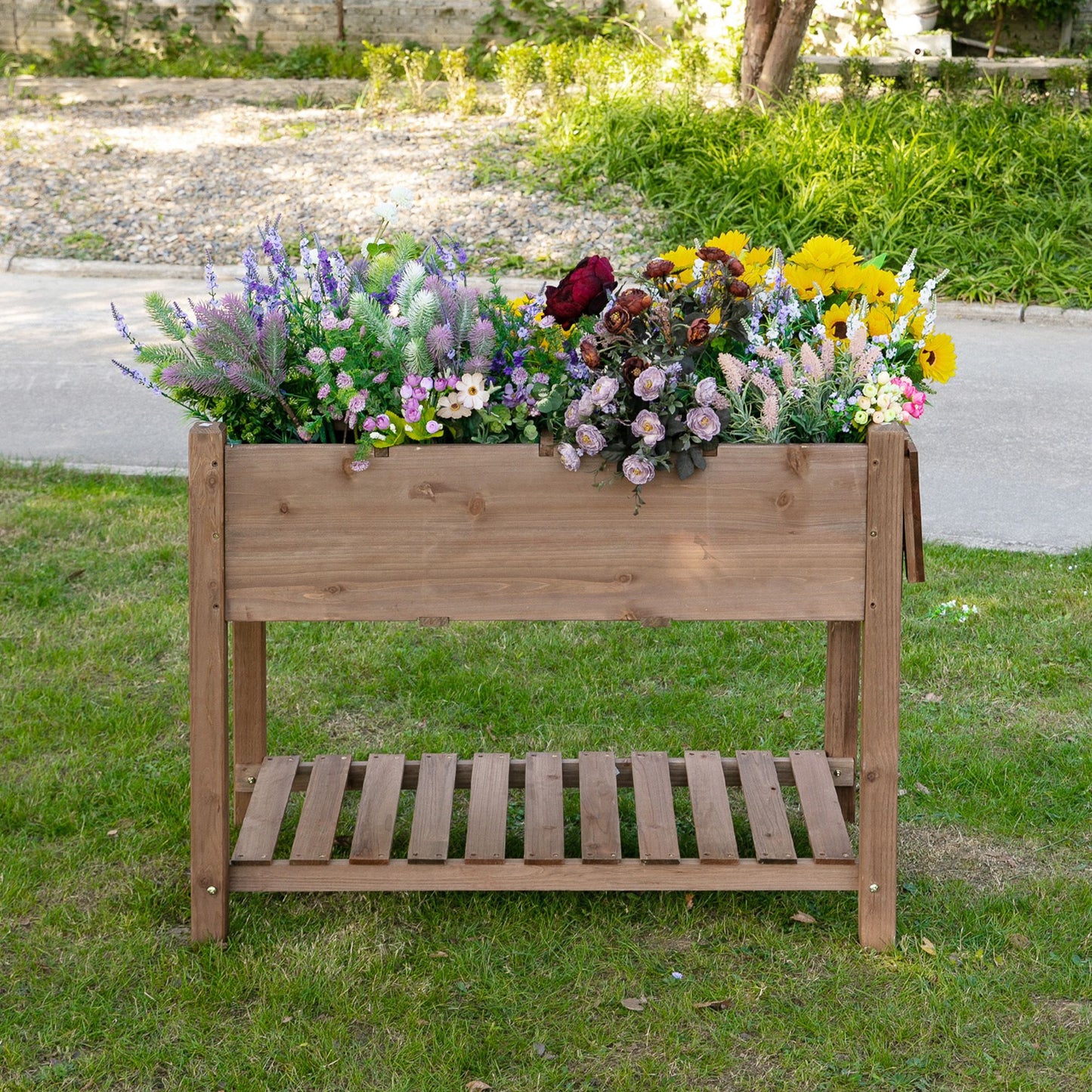 Outsunny Wooden Raised Garden Plant Stand Tall Flower Bed with Shelf 123 x 54 x 74cm