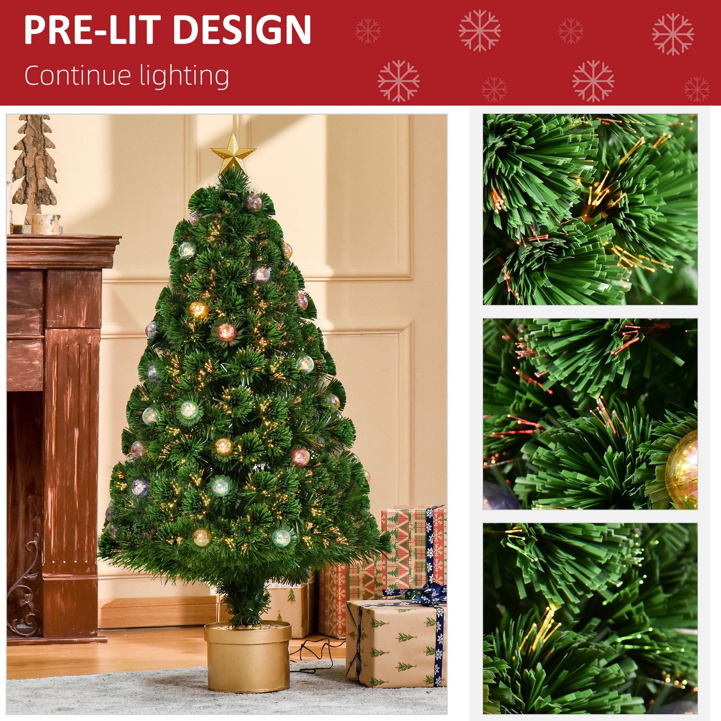 HOMCOM 4FT Prelit Artificial Christmas Tree Fiber Optic Xmas Tree w/ Golden Stand