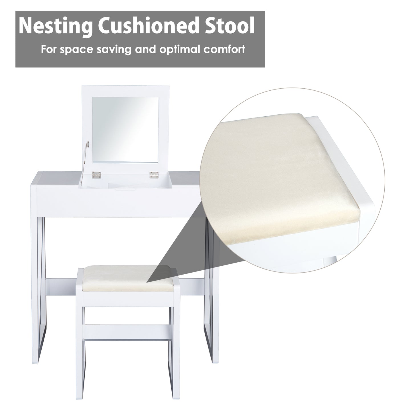 HOMCOM Dressing Table with Cushioned Stool and Flip-up Mirror-White
