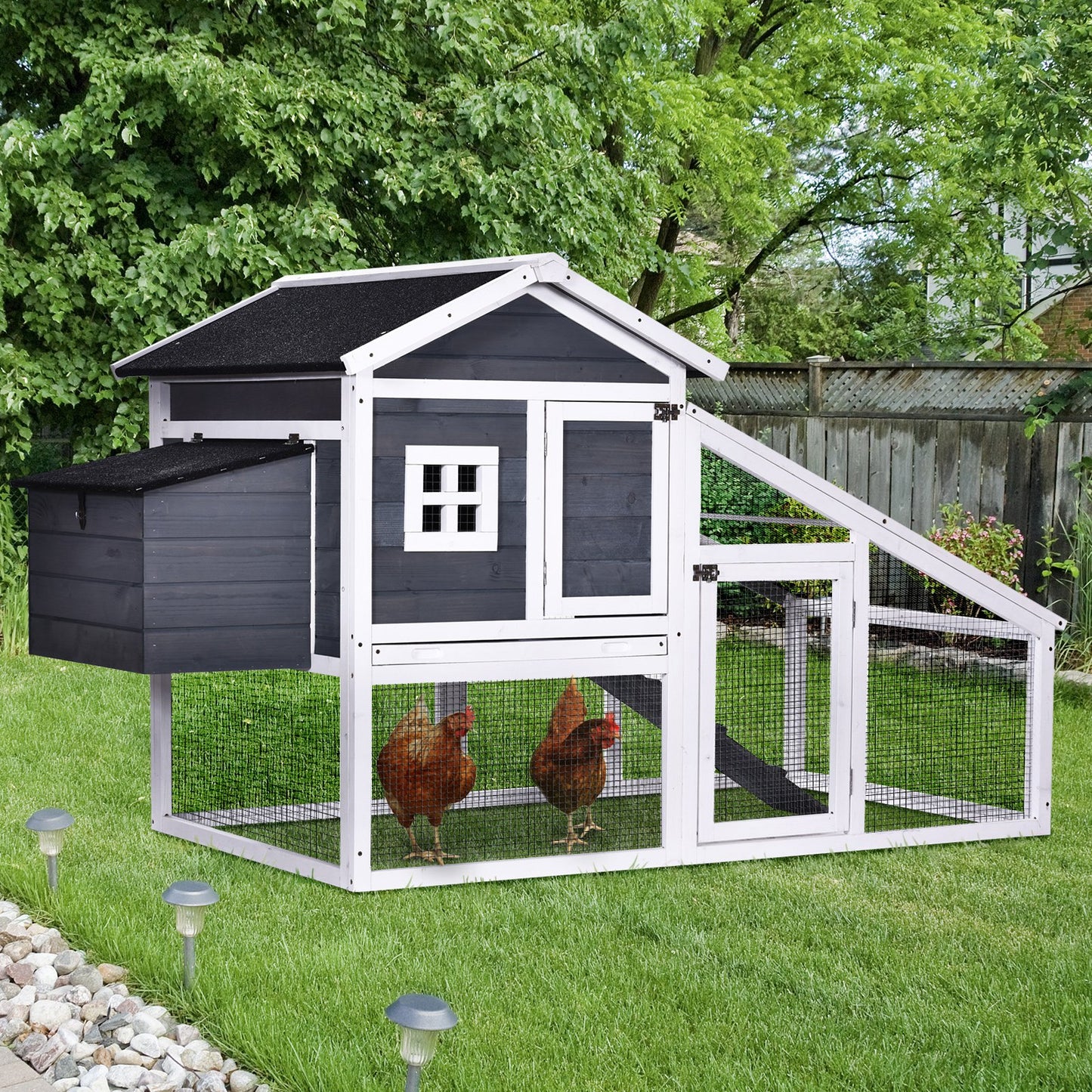 PawHut Wooden Chicken Coop Poultry House with Nesting Box Run Ramp Sliding Tray Grey