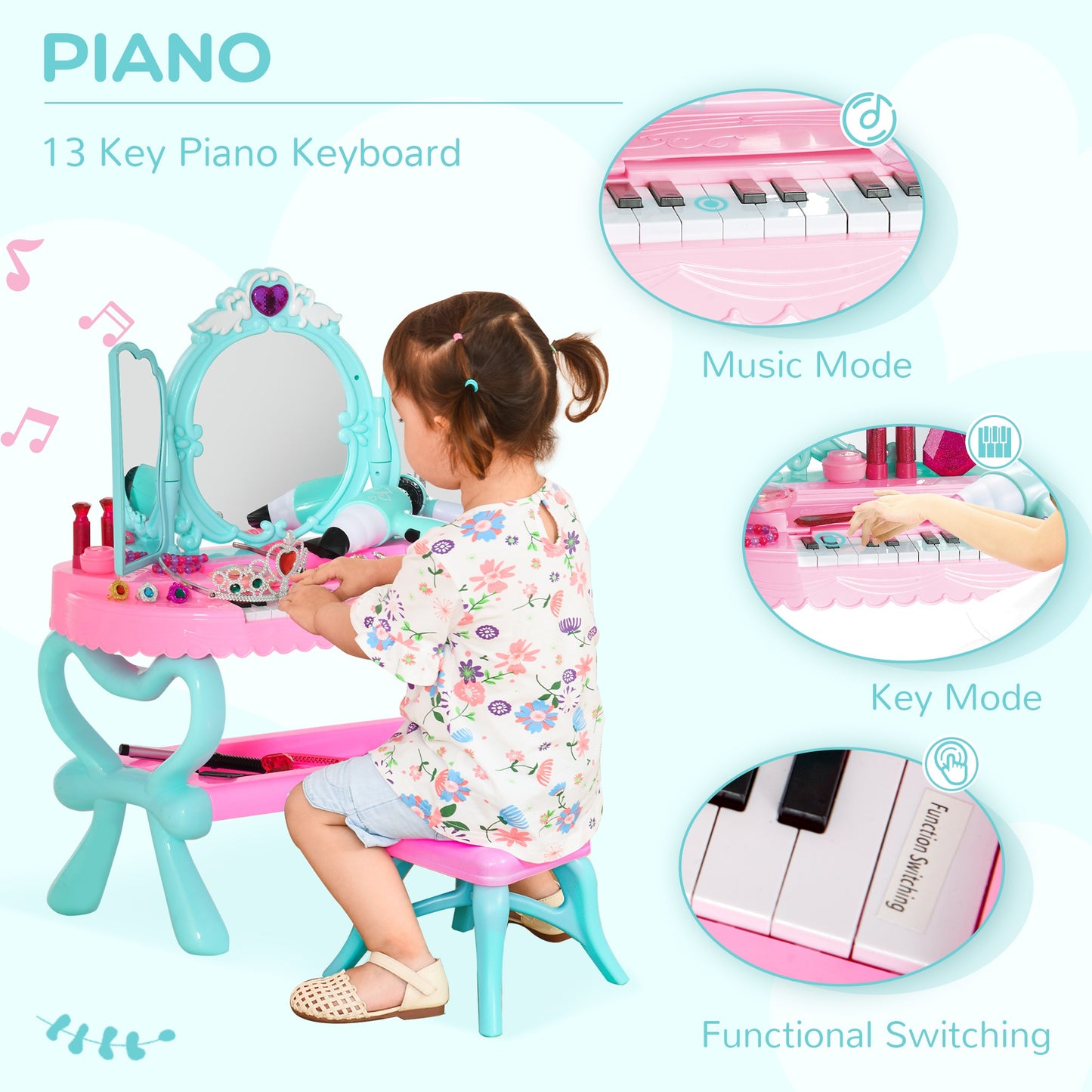 HOMCOM 2 In 1 Musical Piano Kids Dressing Table Set w/ Light, for 3-6 Years Old