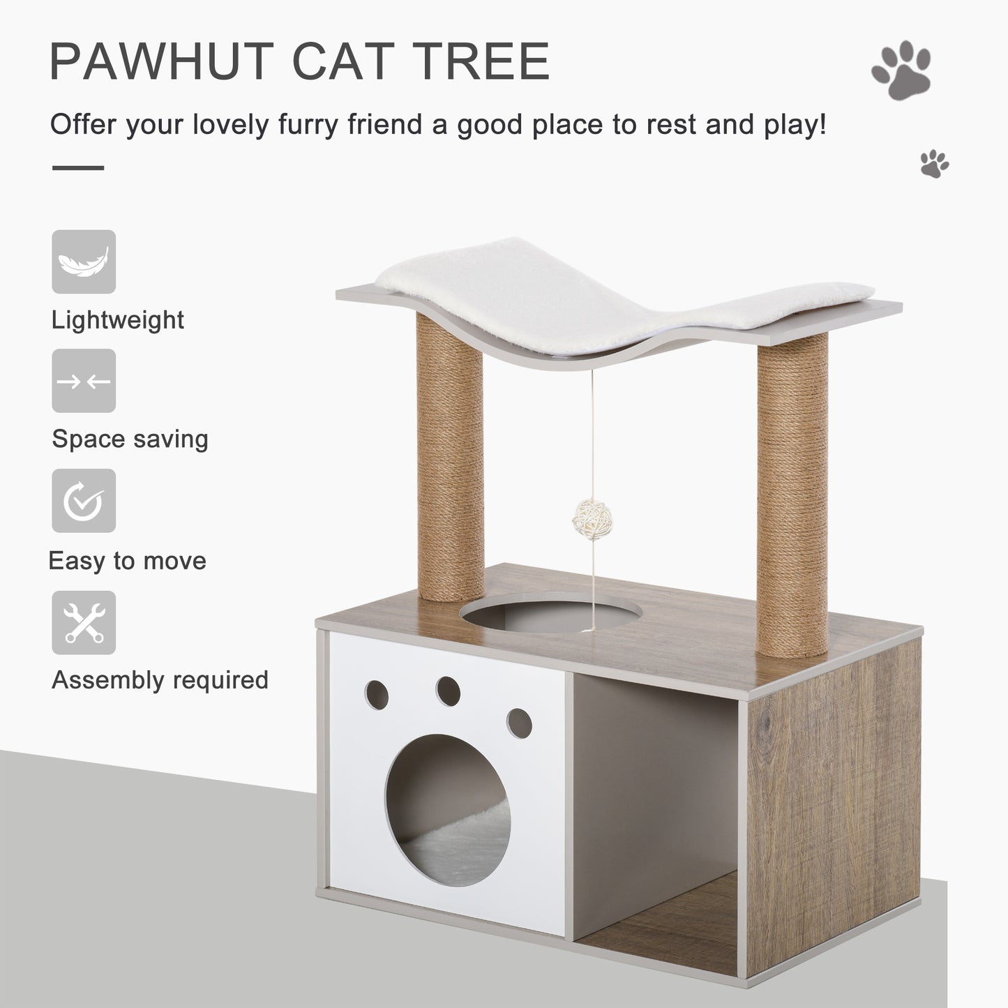 PawHut Cat Tree Tower Climbing with Jute Scratching Posts Condo Teasing Ball Perch