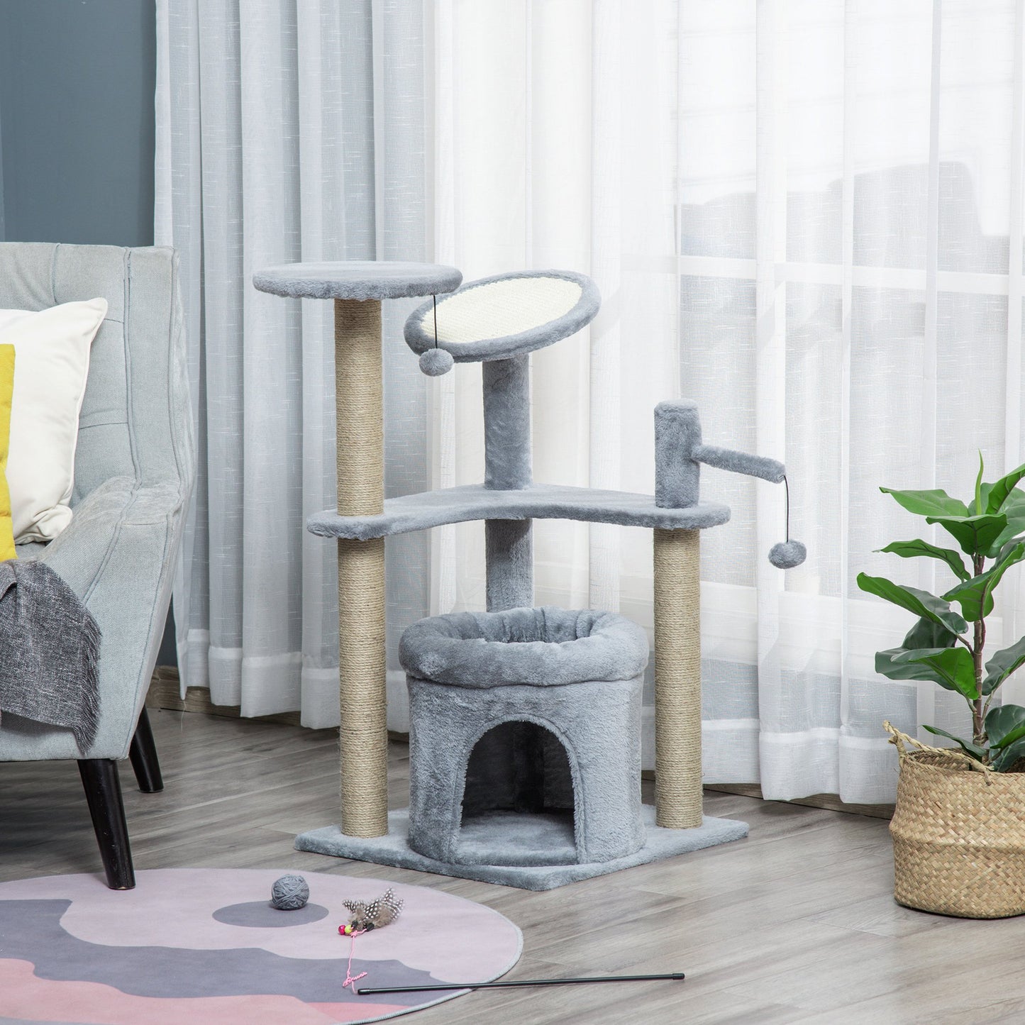 PawHut Cat Tree Tower Kitten Activity Center Scratching Post w/Condo Bed Perch Ball Toy