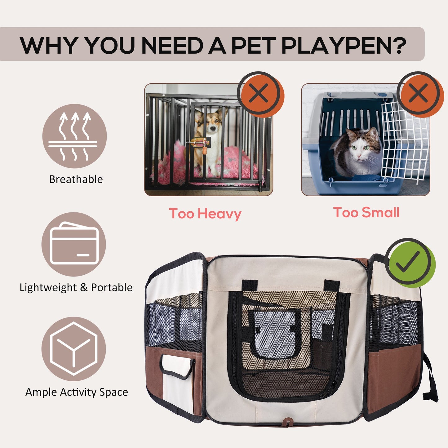 HOMCOM Fabric Dog Pens Pet Puppy PlayPen Dog Crate (37cmx37cmx95cm)-Brown/Cream