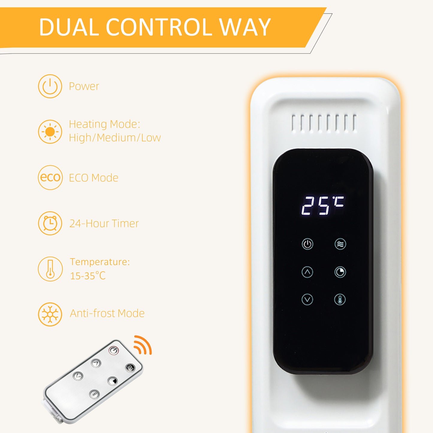 HOMCOM 1630W Oil Filled Radiator, 11 Fin Portable Heater w/ Timer Remote Control White