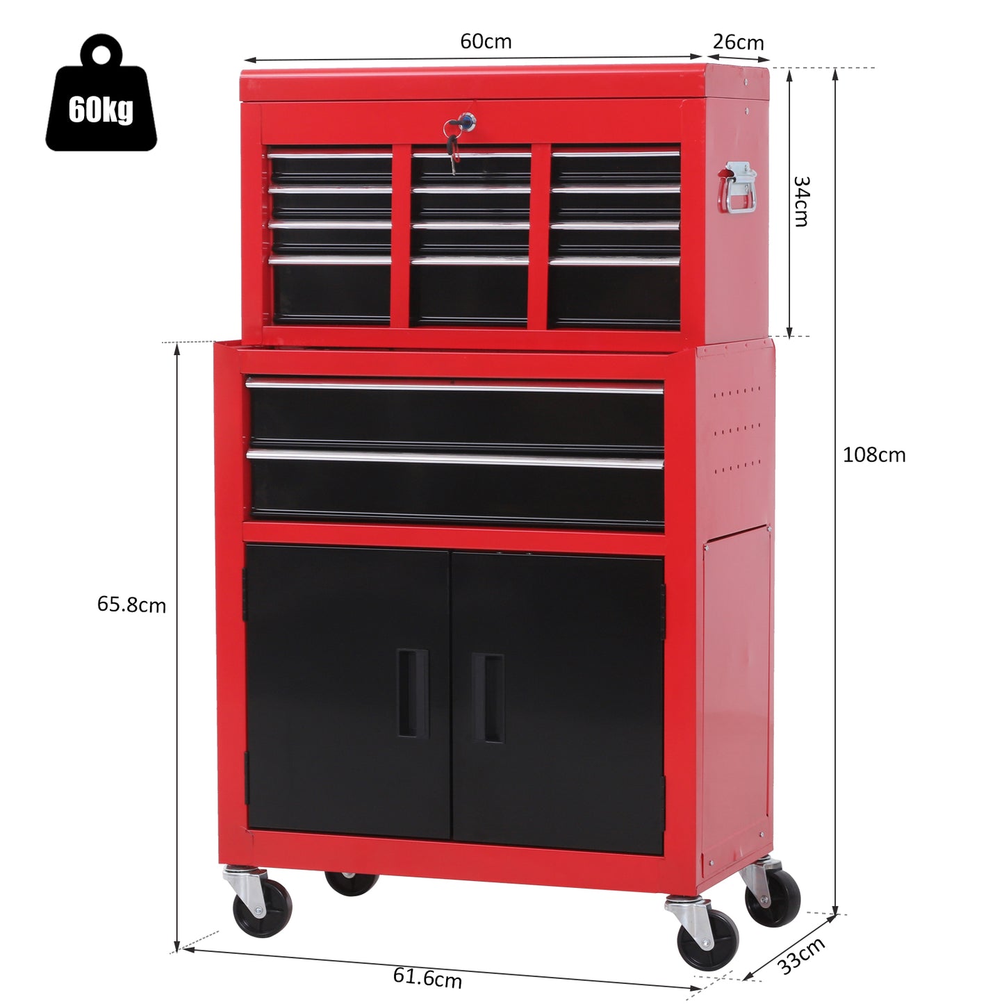 HOMCOM Metal ToolboxTrolley Portable Chest Box Rollcab Cabinet Garage Storage 6 Drawers-Black/Red