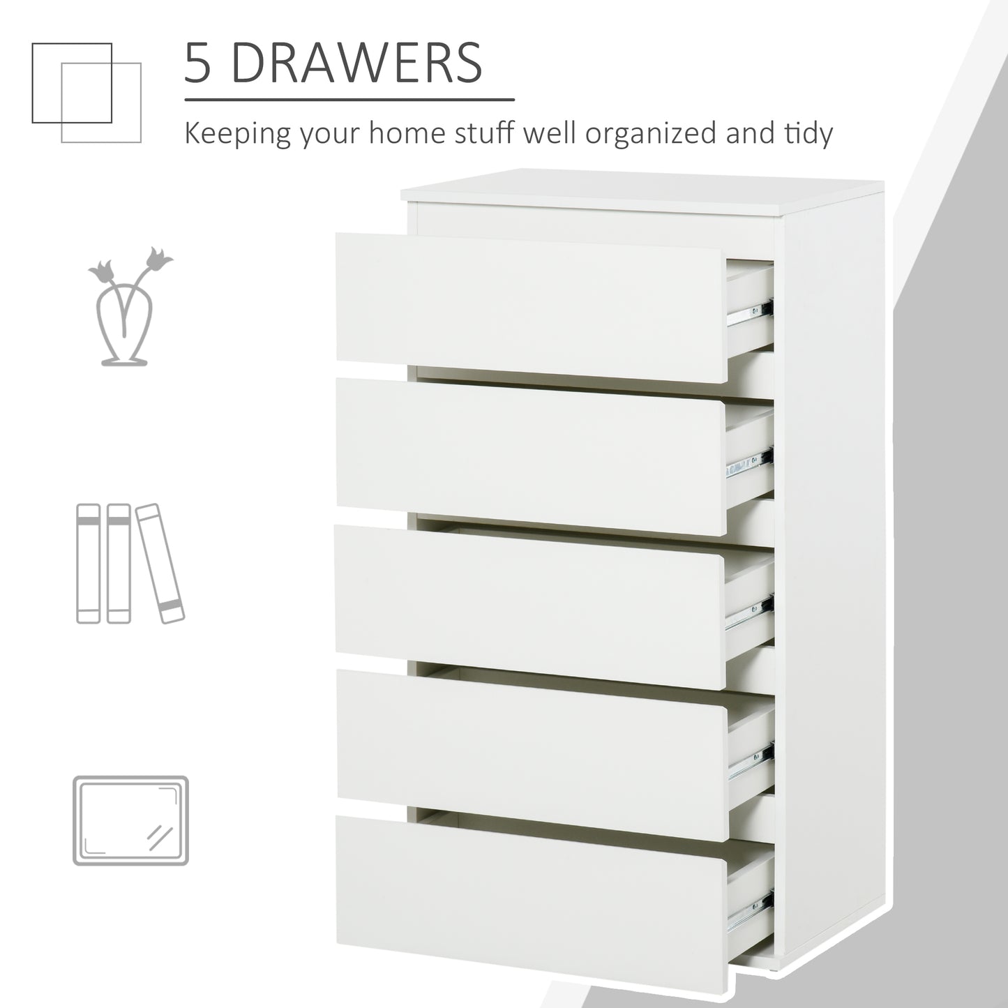 HOMCOM 5 Drawer Cabinet Storage Cupboard Wooden Freestanding Organiser Unit White