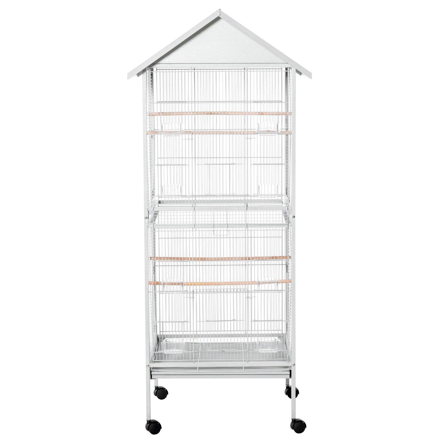 PawHut 170cm Metal Bird Cage Parrot Cage Mobile Feeder with Rolling Stand Perches Food Containers Doors Wheels White