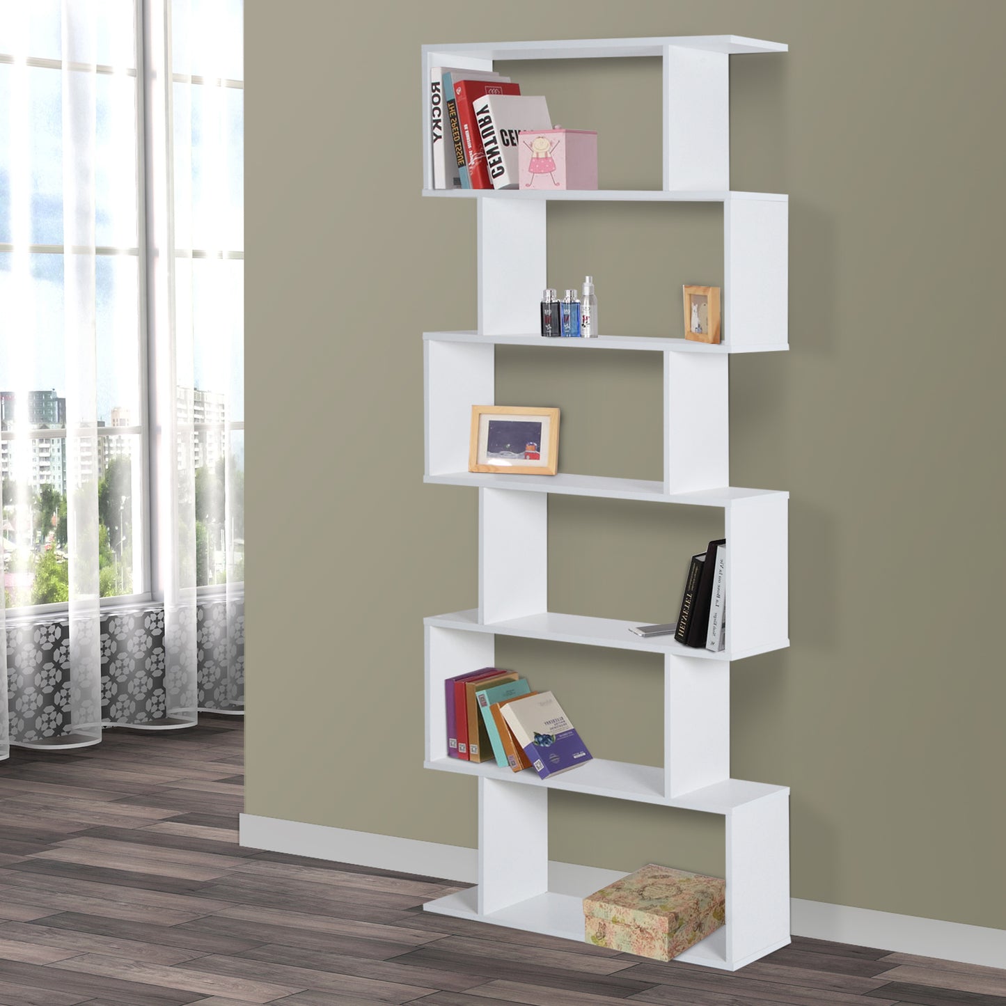 HOMCOM Particle Board 6-Tier Asymmetrical Shelving Unit White