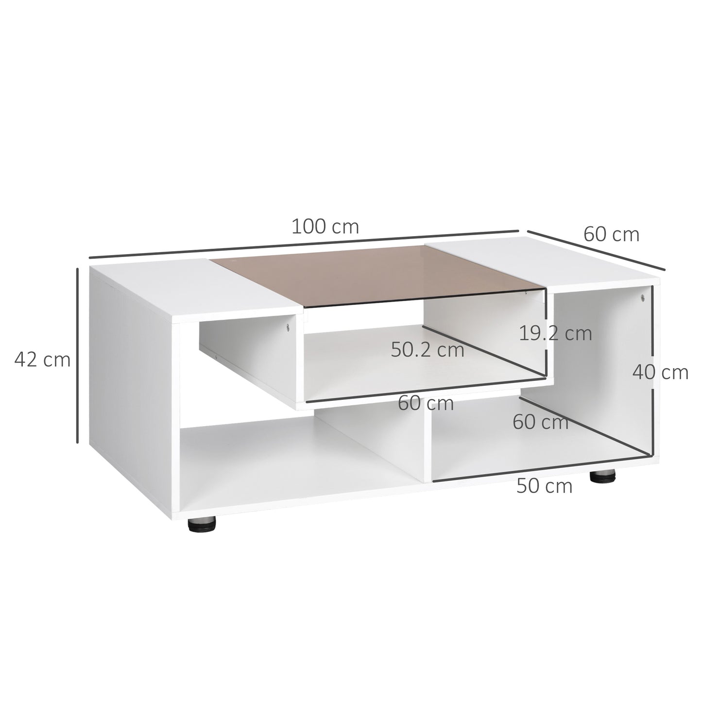HOMCOM Modern Coffee Table with Tempered Glass Top, Cocktail Table with 3-Tier Storage Shelves for Living Room, White