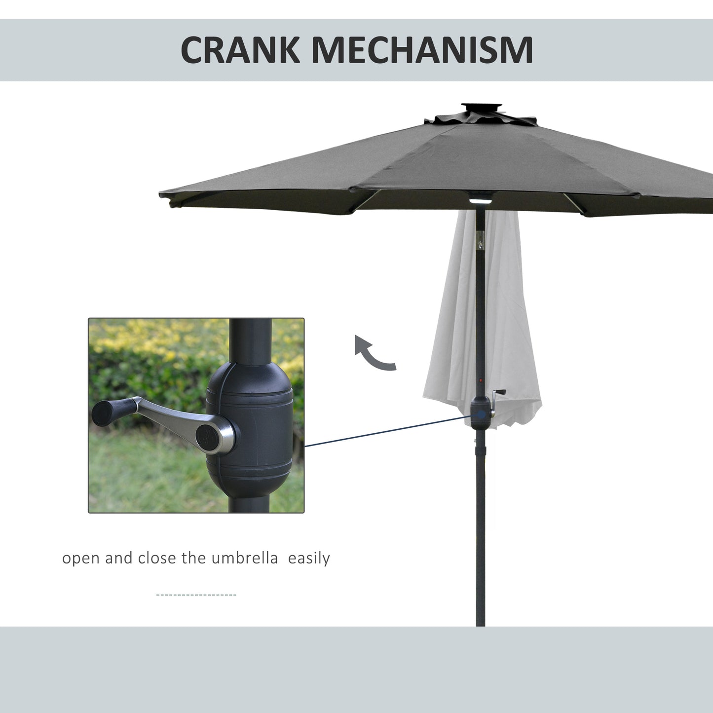 Outsunny 2.7m Garden Parasol Sun Umbrella Patio Summer Shelter w/ LED Solar Light, Angled Canopy Vent, Crank Tilt, Grey Light