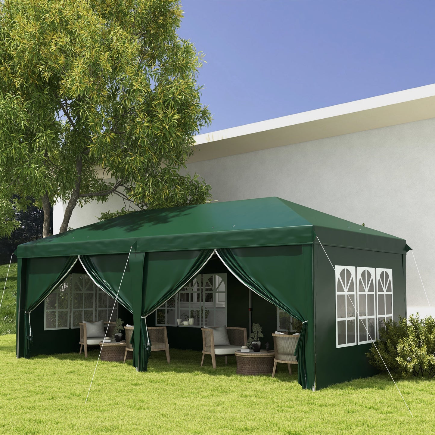 Outsunny 3 x 6 m Garden Pop Up Gazebo, Wedding Party Tent Marquee, Water Resistant Awning Canopy With Sidewalls, Windows, Drainage Holes, Carry Bag, Green