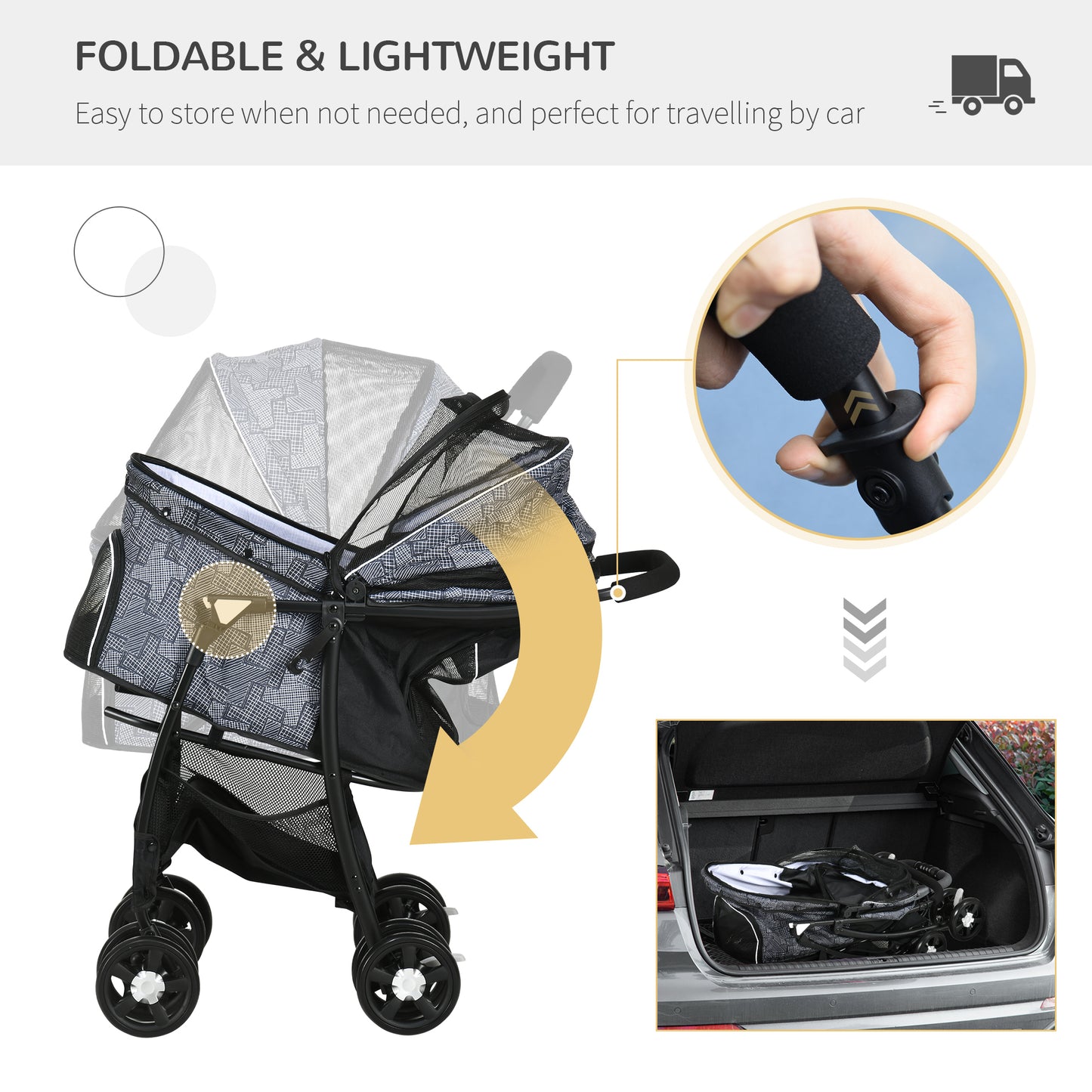 PawHut Pet Stroller, Dog Cat Travel Carriage, Foldable Carrying Bag with Large Carriage, Universal Wheels, Brake Canopy, Basket, Storage Bag, Grey