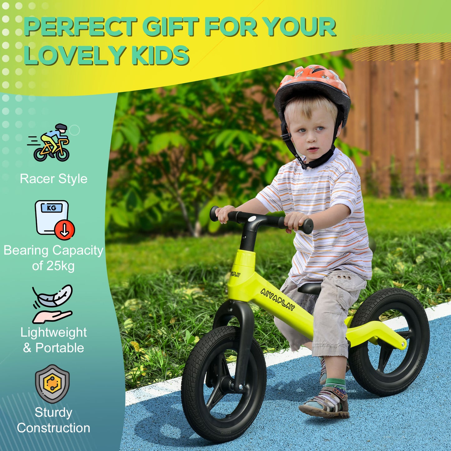 AIYAPLAY Balance Bike with Adjustable Seat and Handlebar, PU Wheels, No Pedal, for Ages 30-60 Months - Green