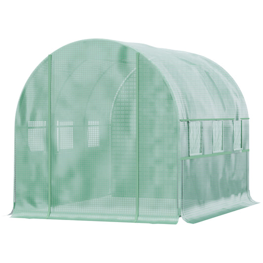 Outsunny Walk In Greenhouse Garden Polytunnel with PE Cover Zipped Roll Up Door and 6 Mesh Windows 3x2x2m Green