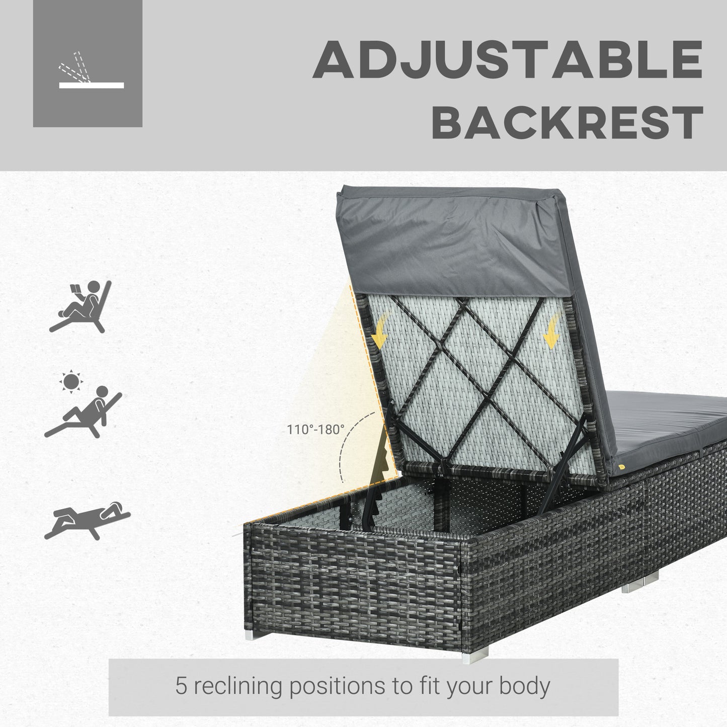 Outsunny Rattan Sun Lounger Adjustable Garden Furniture Recliner Bed Chair Reclining Patio Wicker, Grey