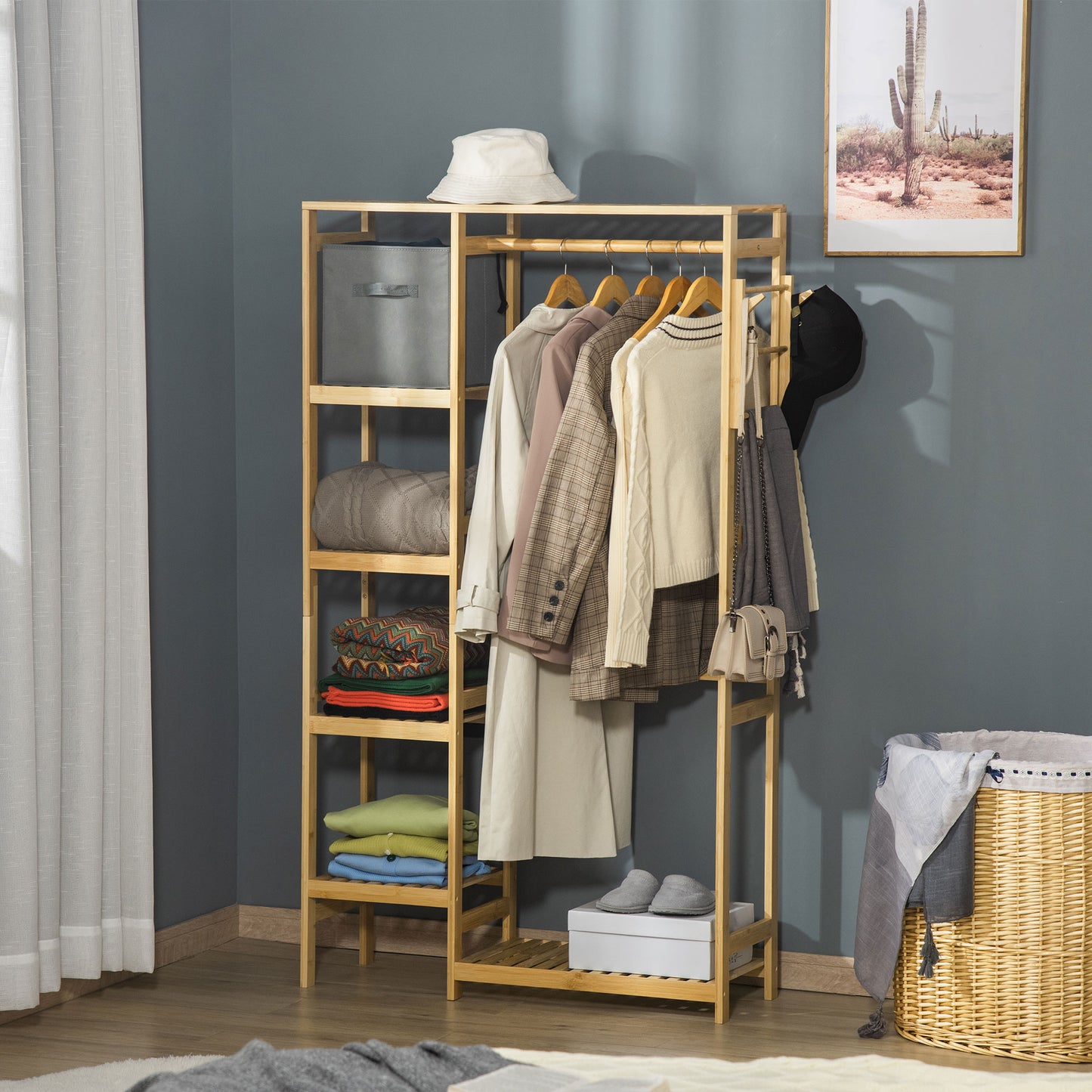 HOMCOM Bamboo Garment Rack, Clothes Rack with Storage Shelf, Hanging R