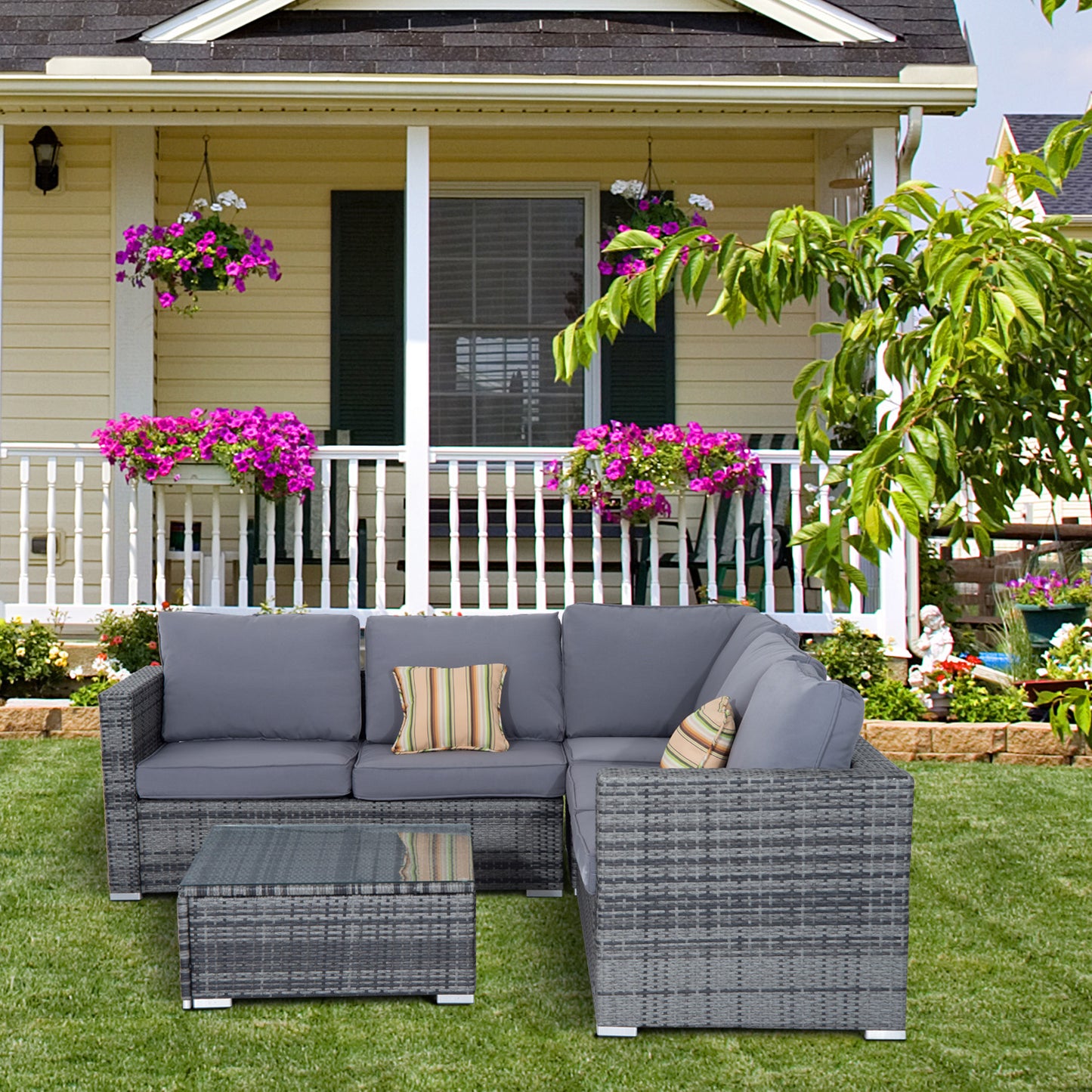 Outsunny Outdoor Corner Sofa 4 PC Patio Rattan Set Cushioned Coffee Table Garden Furniture Grey